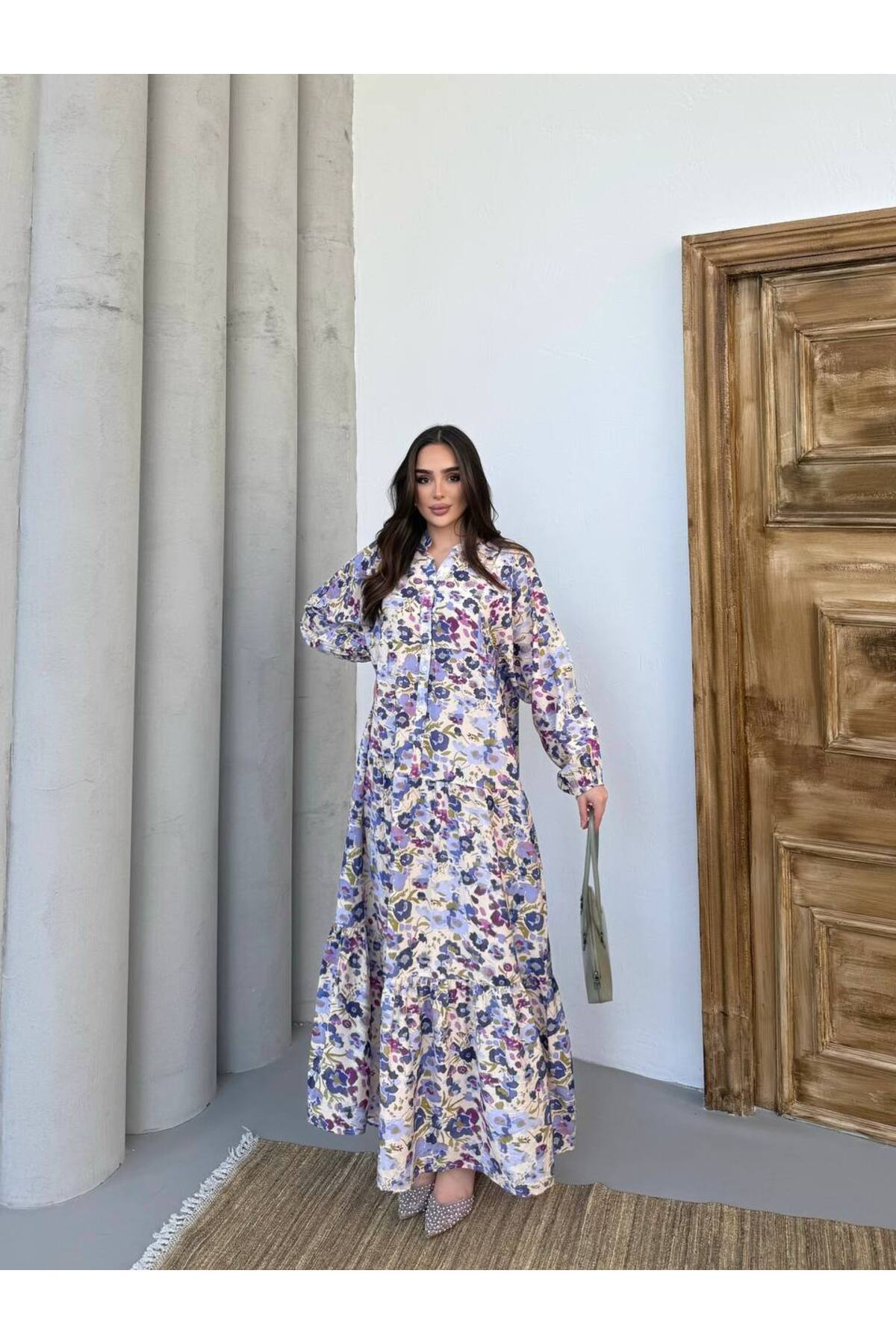 Kadın Tesettür Elbise Modal Kumaş Çiçek Desenli Elbise - Mor