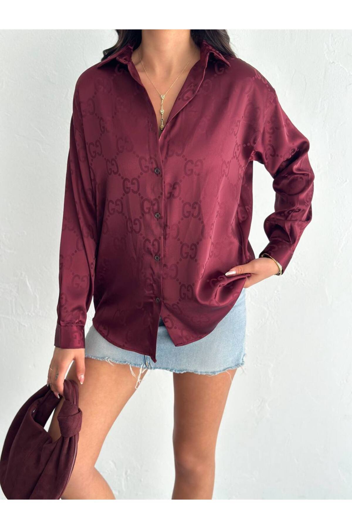 Saten Kendinden Desenli Gri Kadın Gömlek - Bordo