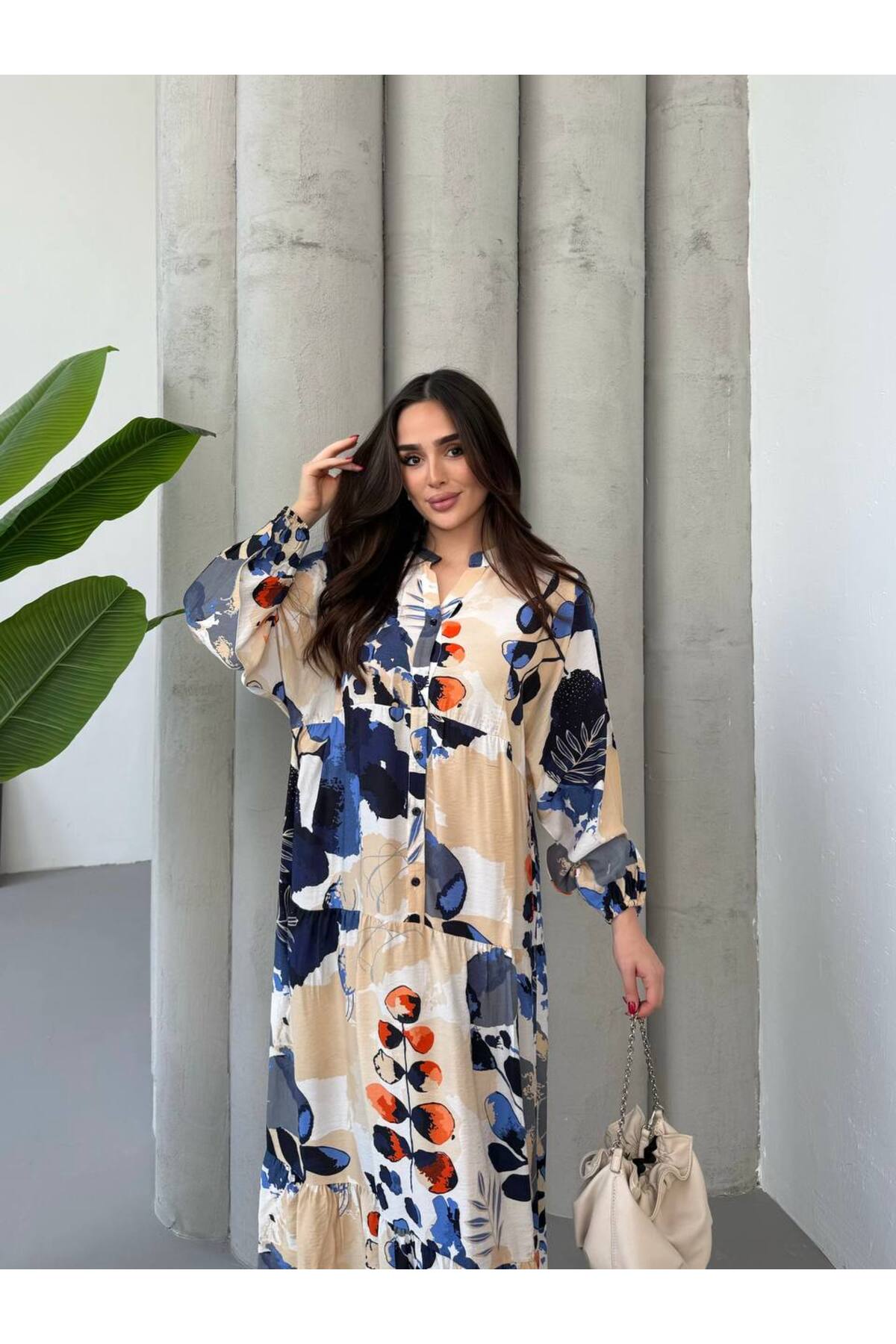 Kadın Tesettür Elbise Modal Kumaş Desenli Elbise