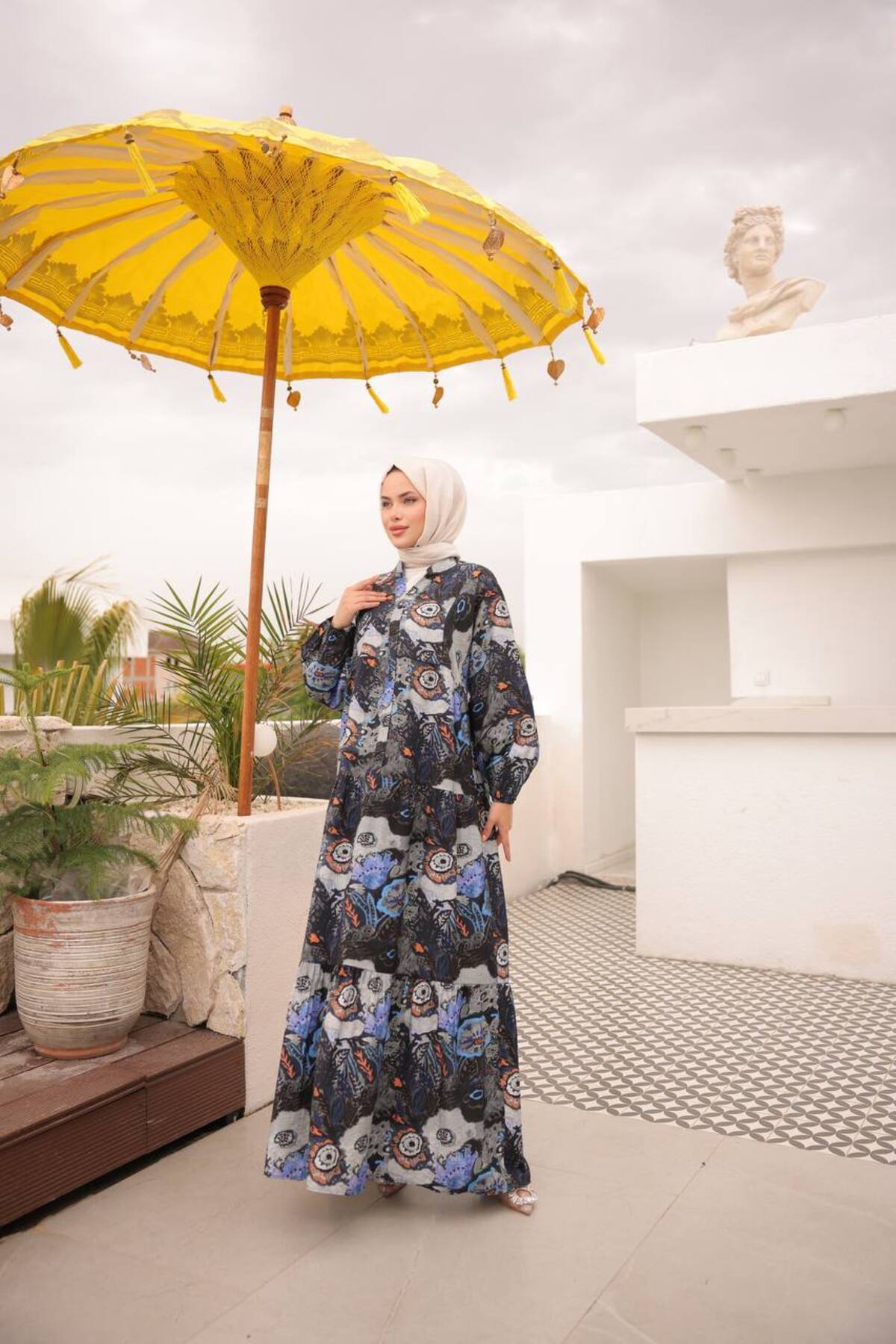 Kadın Tesettür Elbise Modal Kumaş Etnik Desenli Elbise