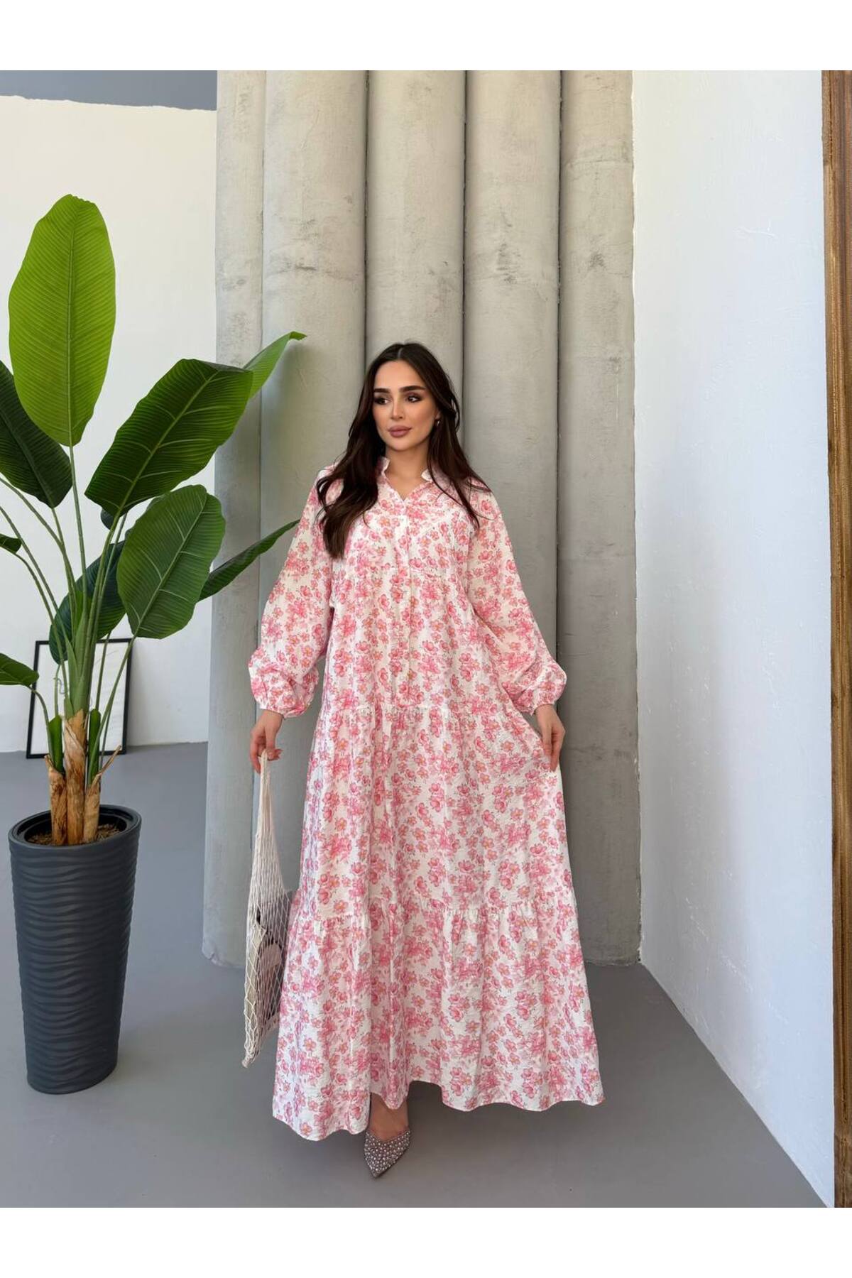 Kadın Tesettür Elbise Modal Kumaş Çiçek Desenli Elbise