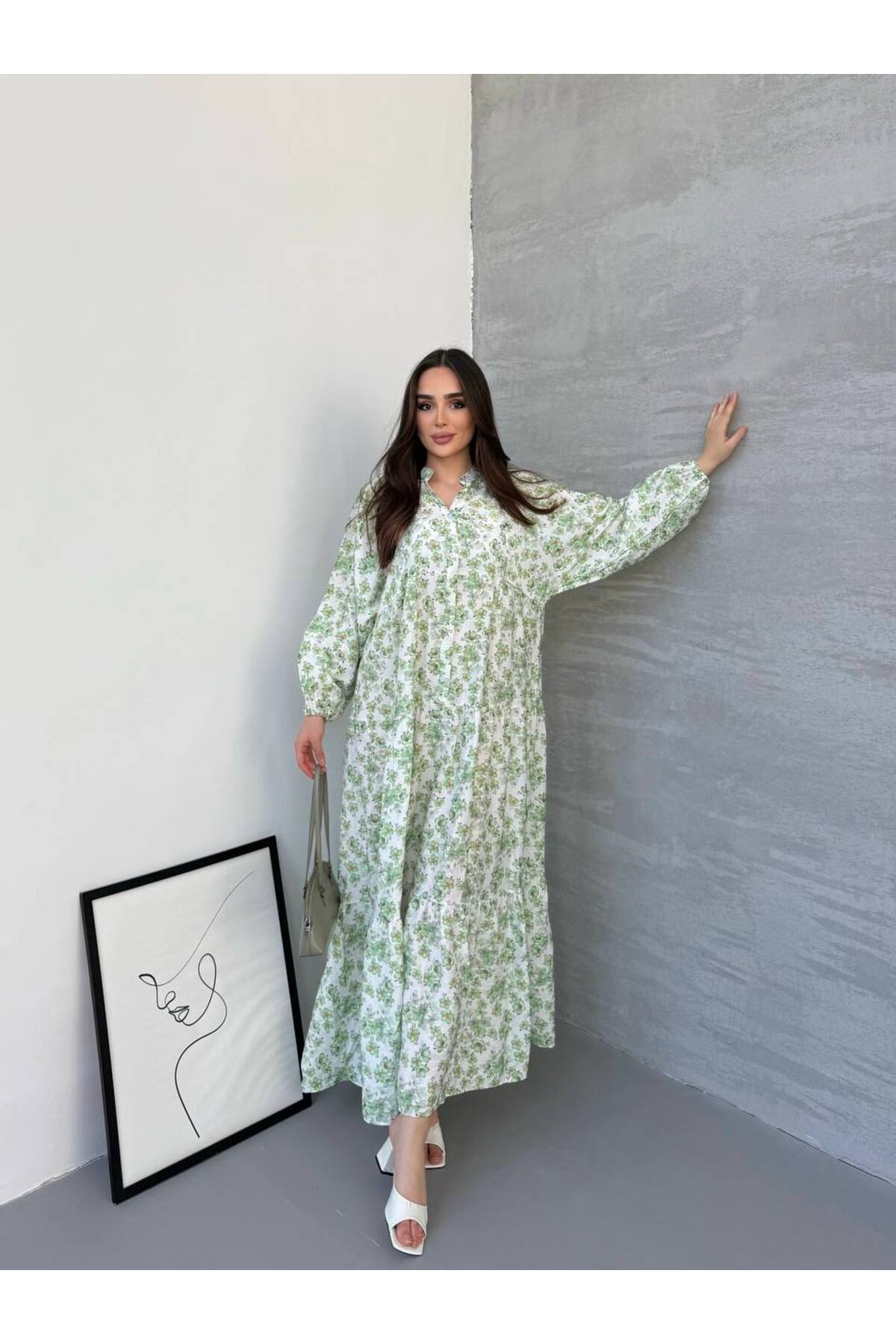Kadın Tesettür Elbise Modal Kumaş Çiçek Desenli Elbise