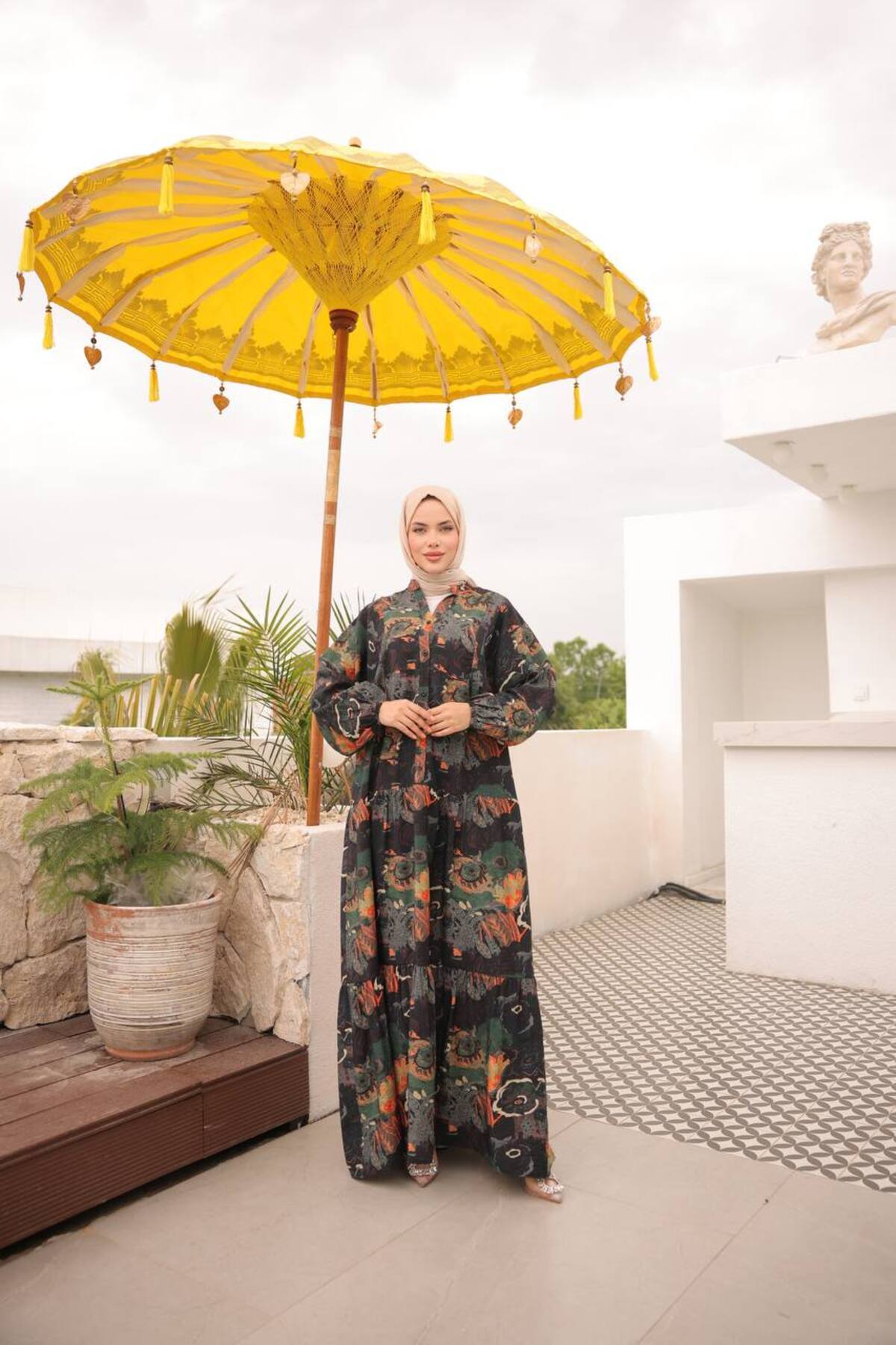 Kadın Tesettür Elbise Modal Kumaş Etnik Desenli Elbise - haki