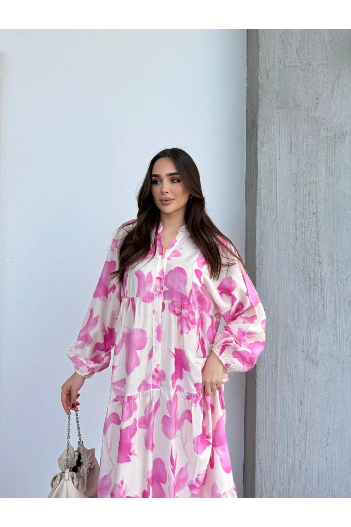 Kadın Tesettür Elbise Modal Kumaş Çiçek Desenli Elbise