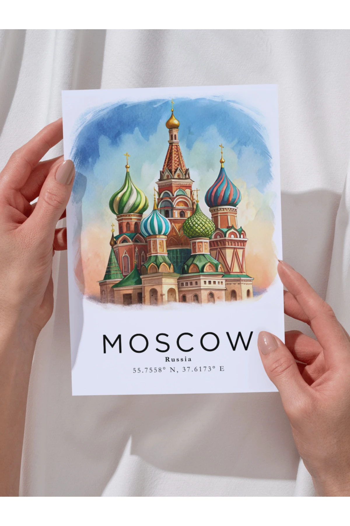 Moskova Rusya Sulu Boya Tasarım  Dekoratif Çerçevesiz Duvar Tablosu (POSTER) Şehir Serisi