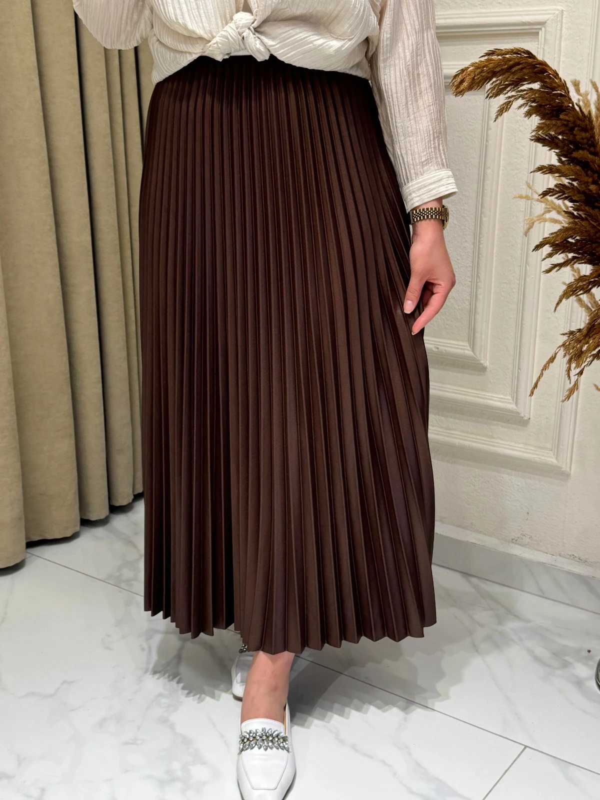 Deri Görünümlü Piliseli Etek 88 cm - Kahverengi