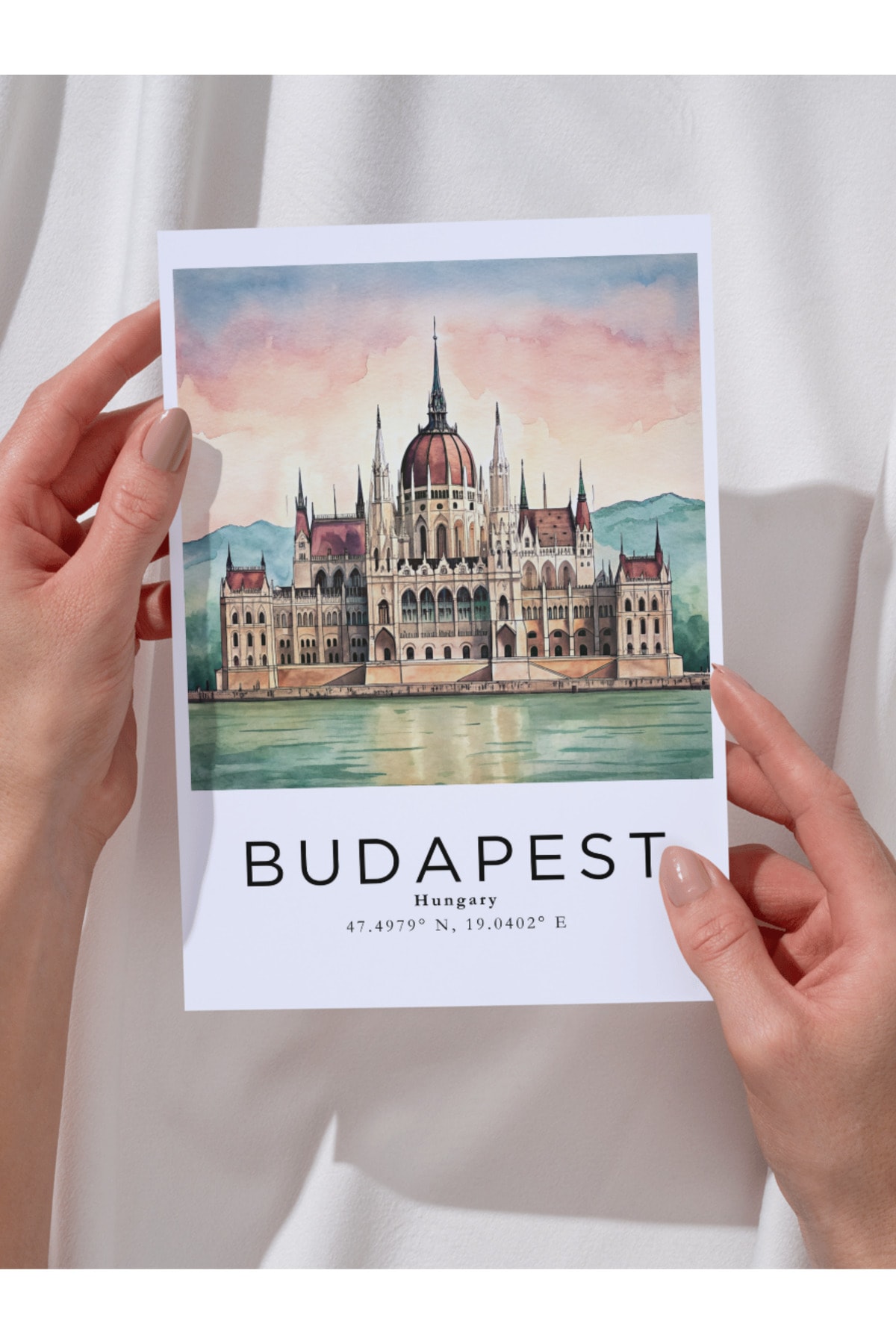 Budapeşte Macaristan Sulu Boya Tasarım  Dekoratif Çerçevesiz Duvar Tablosu (POSTER) Şehir Serisi