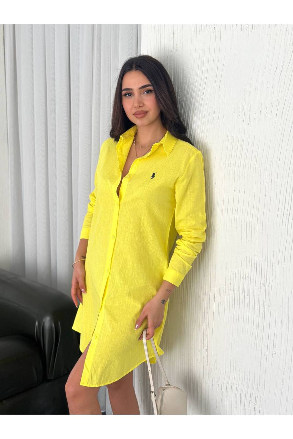 KADIN KETEN TUNİK & GÖMLEK ELBİSE NAKIŞ DETAYLI %100 PAMUK KUMAŞ - sarı