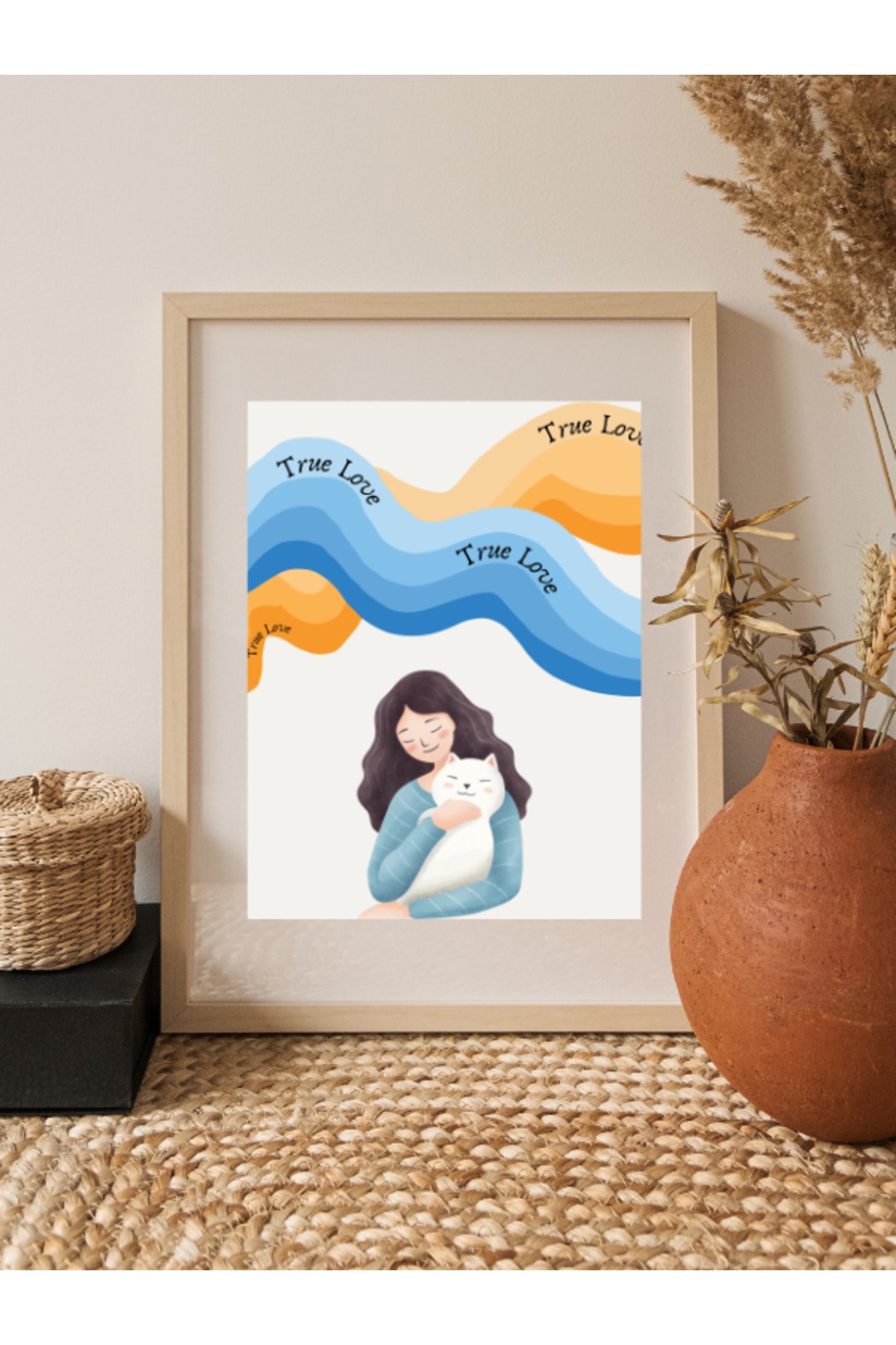 Dekoratif Çerçevesiz Duvar Tablosu  True Love - Gerçek Aşk Posteri  Kedi Dekorasyon Ürün