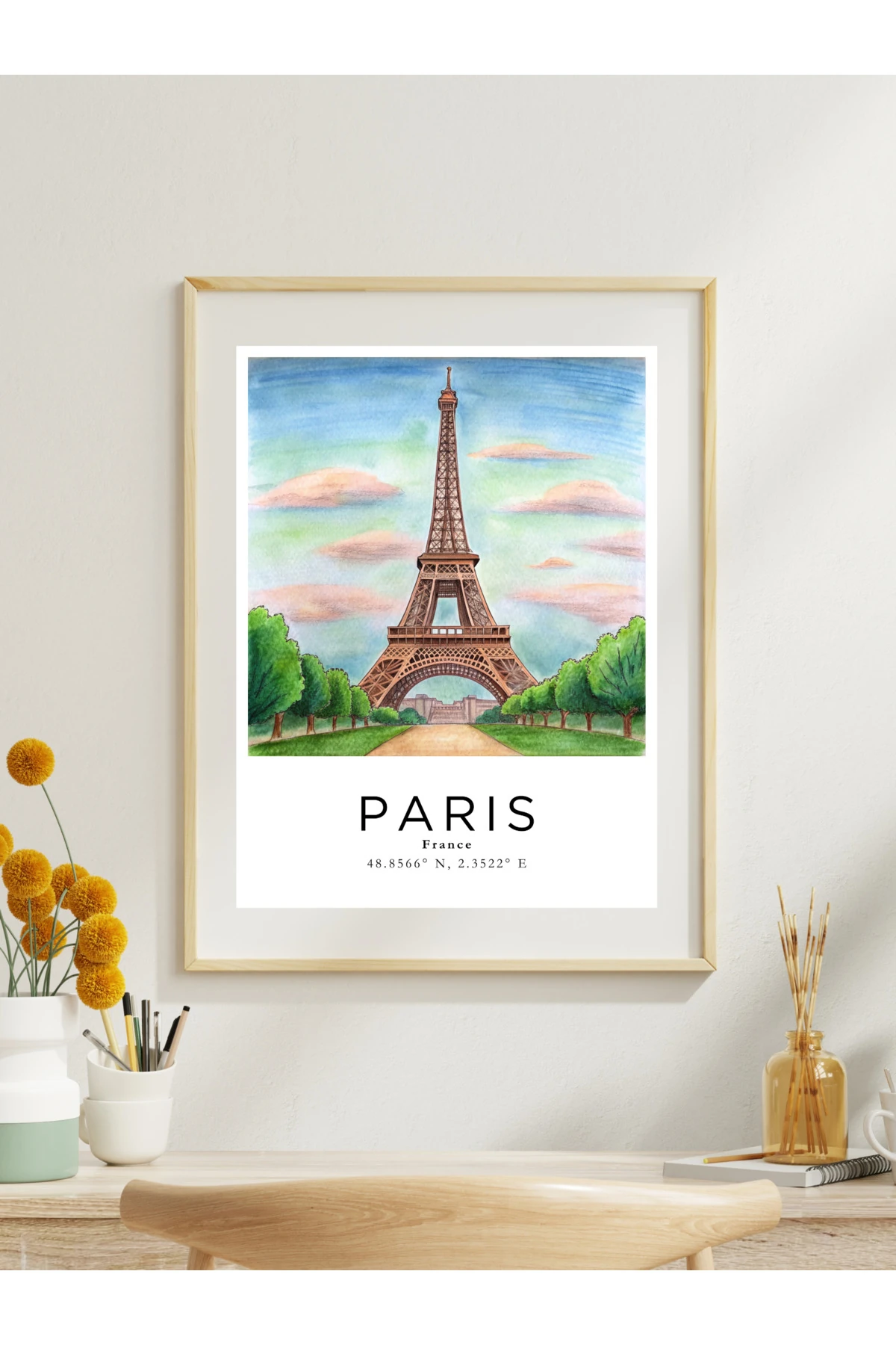 Paris Fransa Sulu Boya Tasarım  Dekoratif Çerçevesiz Duvar Tablosu (POSTER) Şehir Serisi