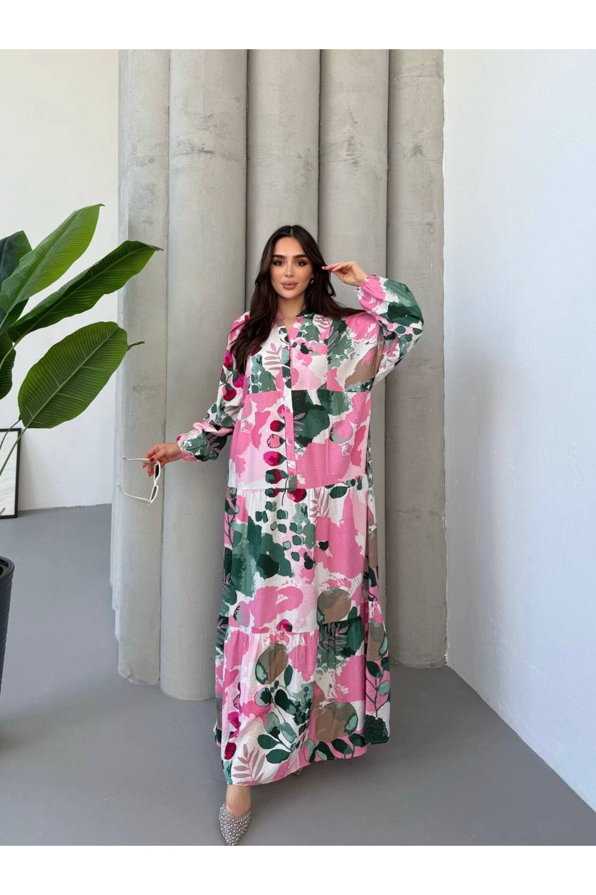 Kadın Tesettür Elbise Modal Kumaş Desenli Elbise - Pembe