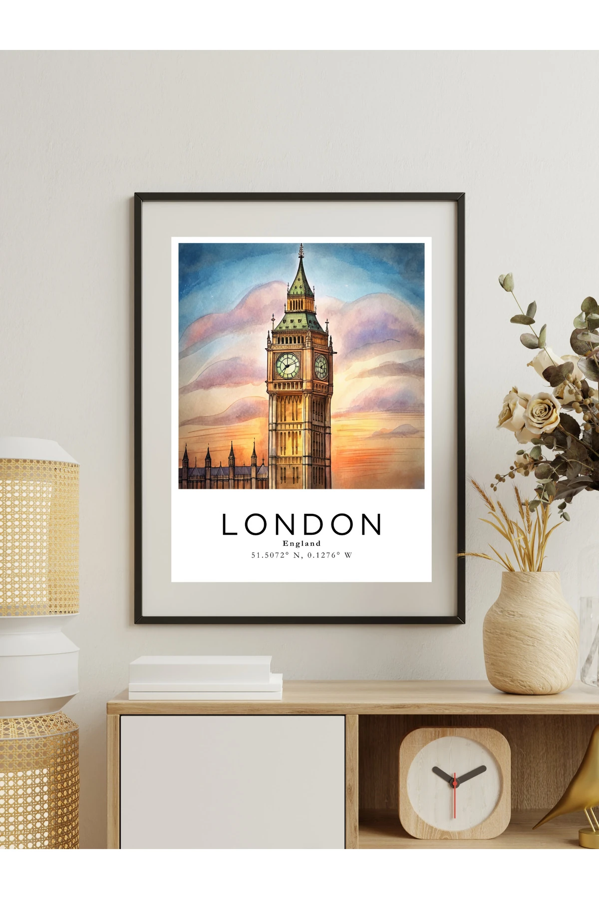 Londra İngiltere  Sulu Boya Tasarım  Dekoratif Çerçevesiz Duvar Tablosu (POSTER) Şehir Serisi