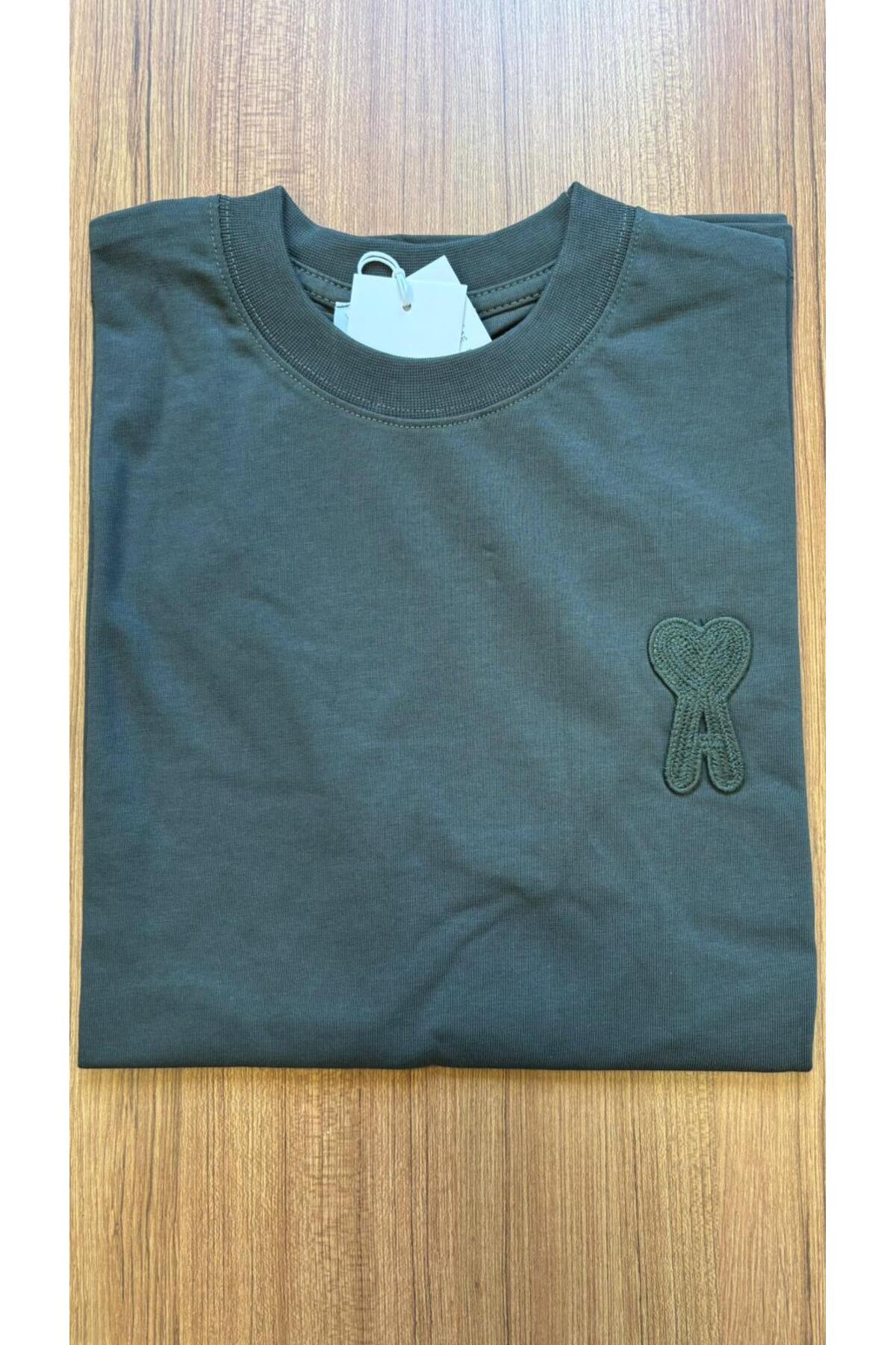 Erkek - Kadın Unisex "A" Özel Nakış Tasarım T-shirt - haki