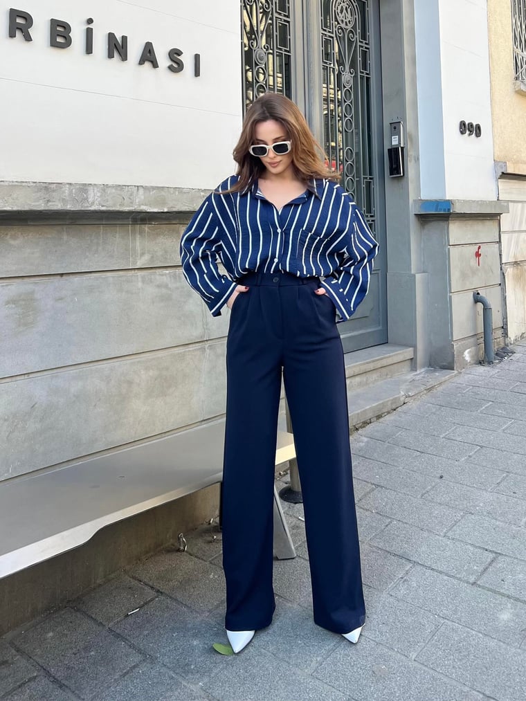 Kadın Double Kumaş Geniş Paça Pantolon  - Lacivert