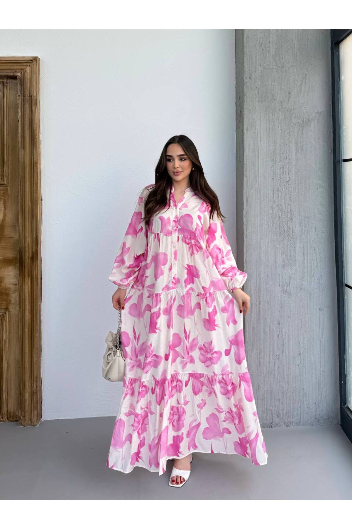 Kadın Tesettür Elbise Modal Kumaş Çiçek Desenli Elbise - Pembe