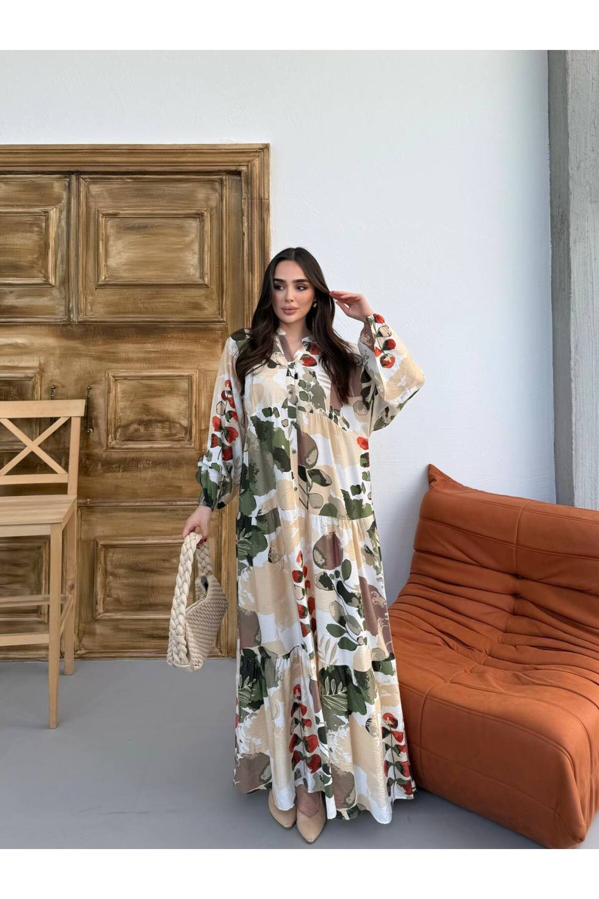 Kadın Tesettür Elbise Modal Kumaş Desenli Elbise - Yeşil