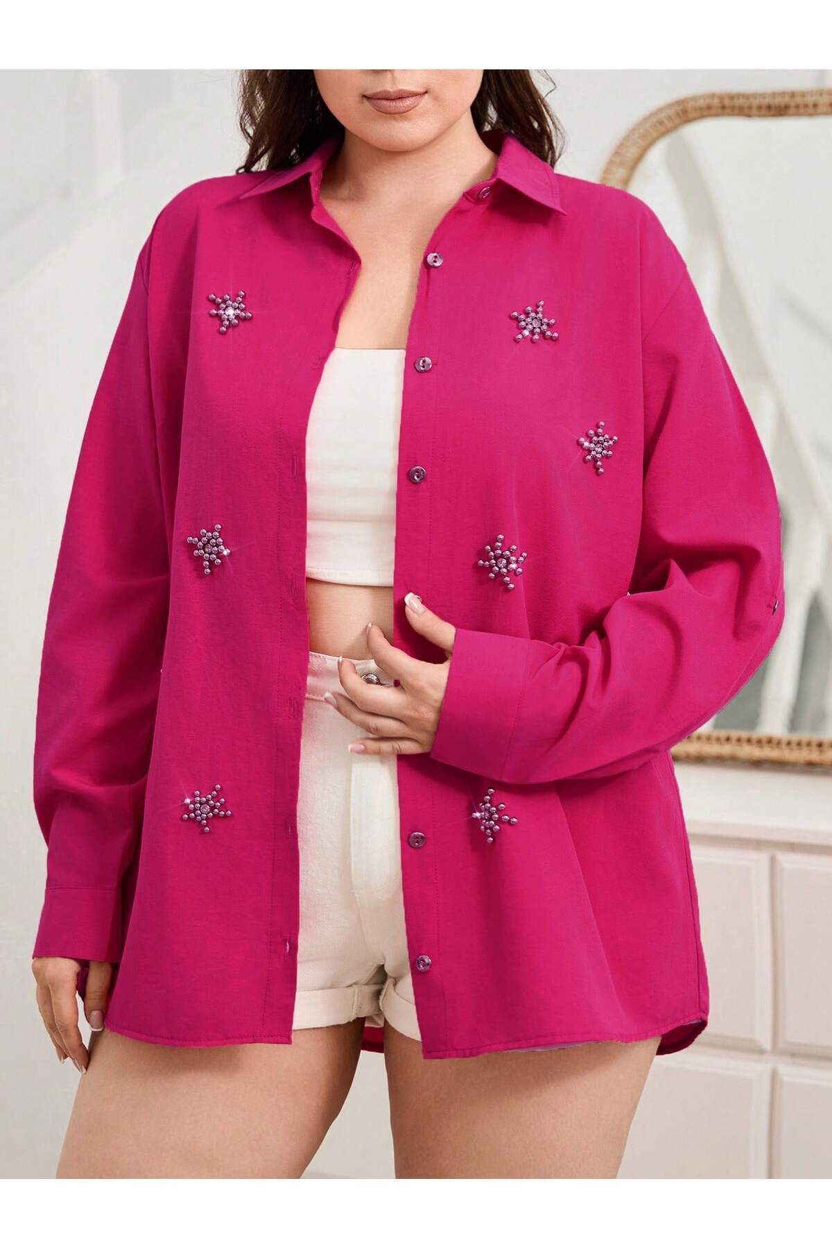 KADIN BUZ MAVİ TAŞ TASARIMLI BÜYÜK BEDEN GÖMLEK