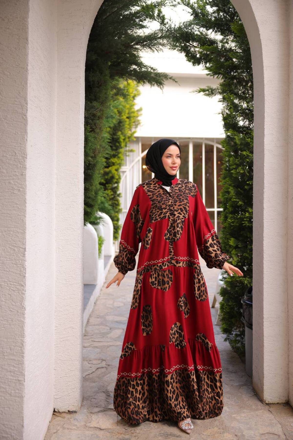 Leopar Desenli Viskon Kadın Elbise 135 cm Uzun Elbise - kırmızı