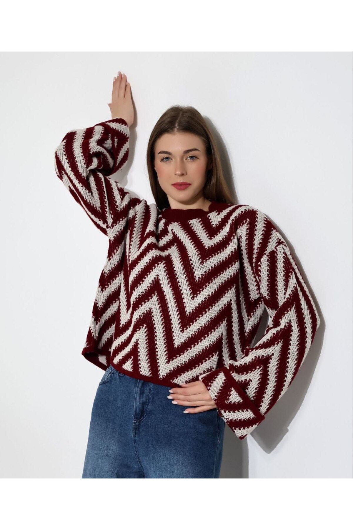Kadın Zigzag Çizgili Triko Kazak & Sweat Standart Beden