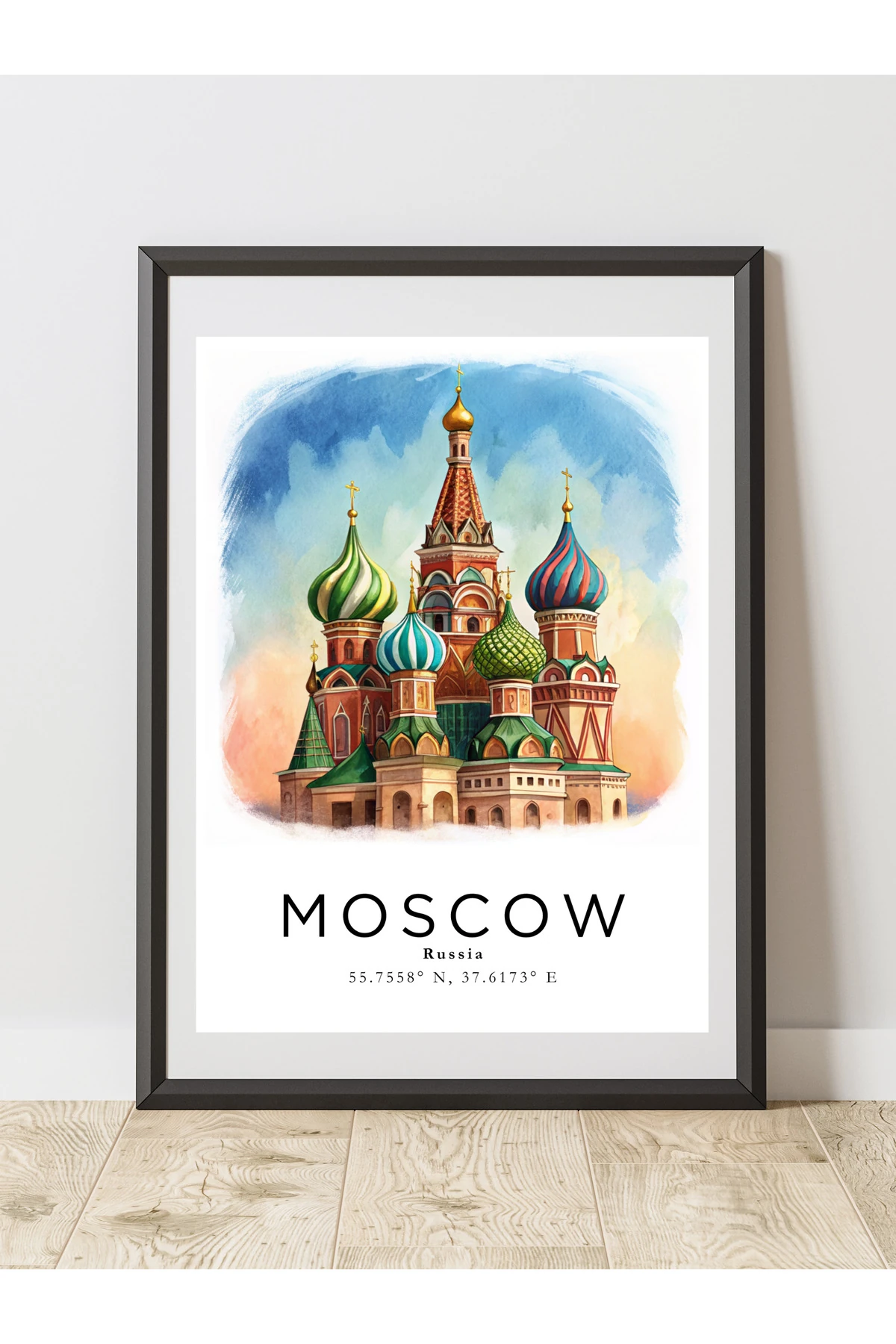 Moskova Rusya Sulu Boya Tasarım  Dekoratif Çerçevesiz Duvar Tablosu (POSTER) Şehir Serisi
