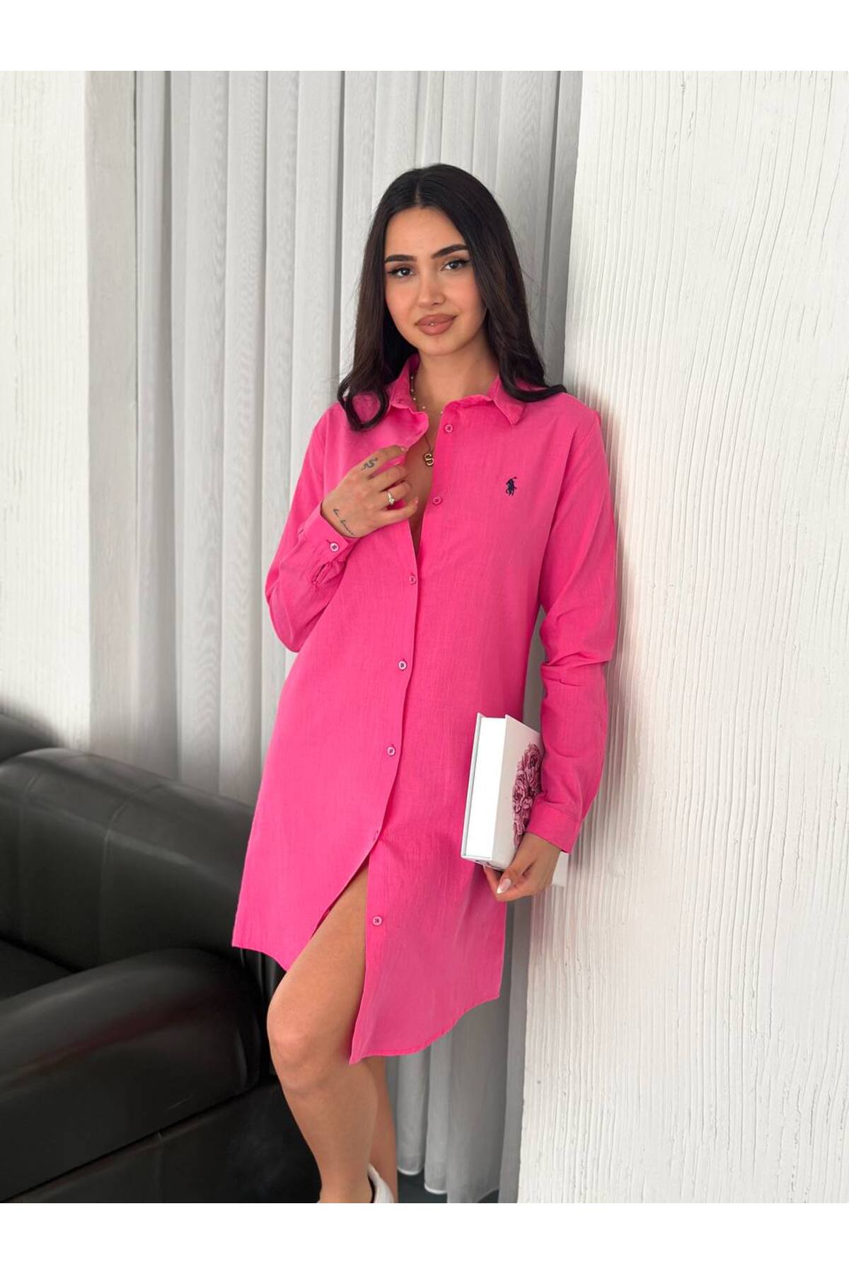 KADIN KETEN TUNİK & GÖMLEK ELBİSE NAKIŞ DETAYLI %100 PAMUK KUMAŞ - Fuşya
