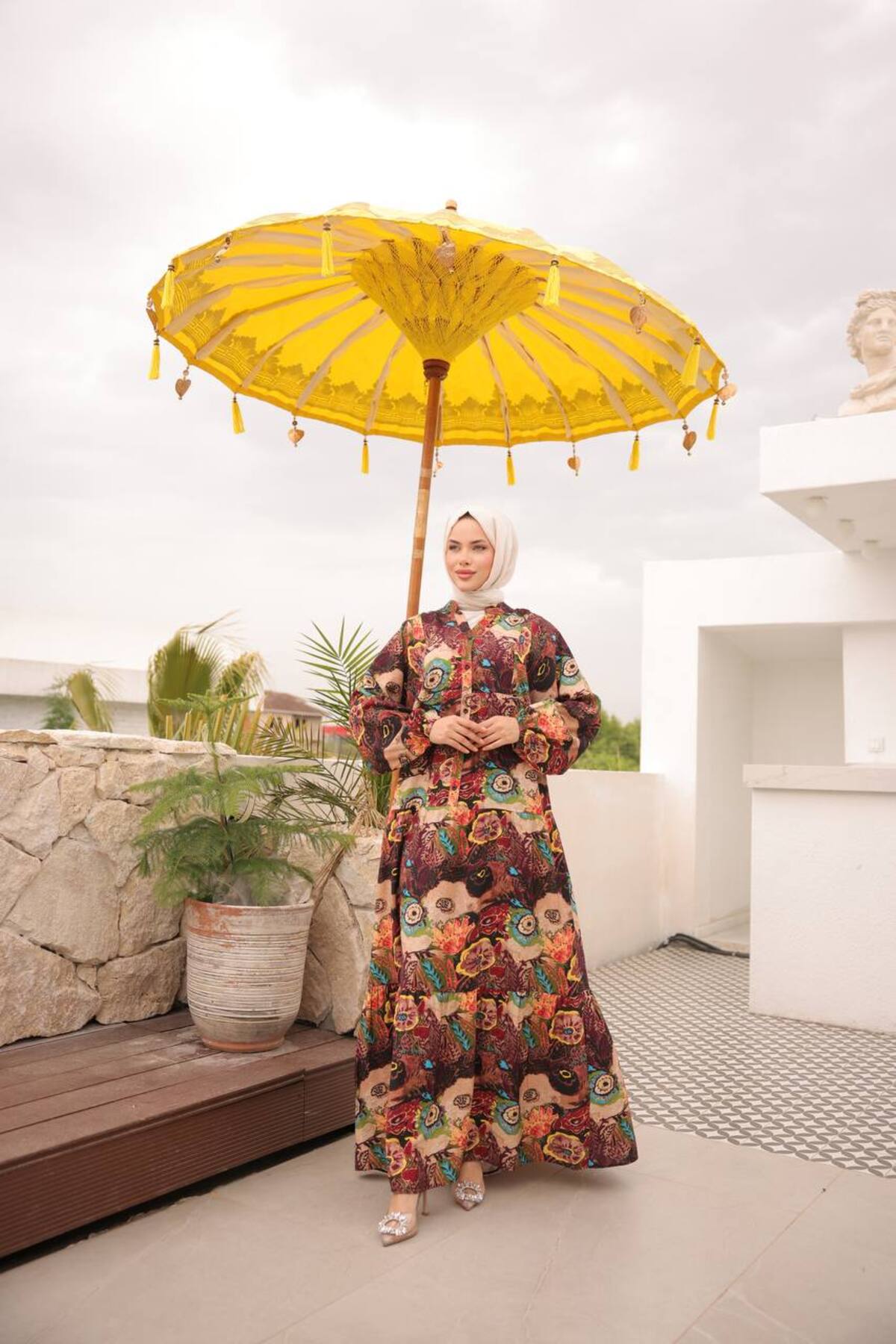 Kadın Tesettür Elbise Modal Kumaş Etnik Desenli Elbise - Kahverengi