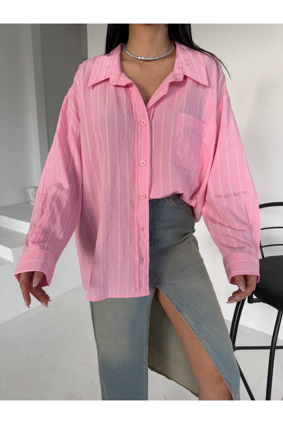 Kadın Modal Çizgili Oversize Gömlek 75 Cm