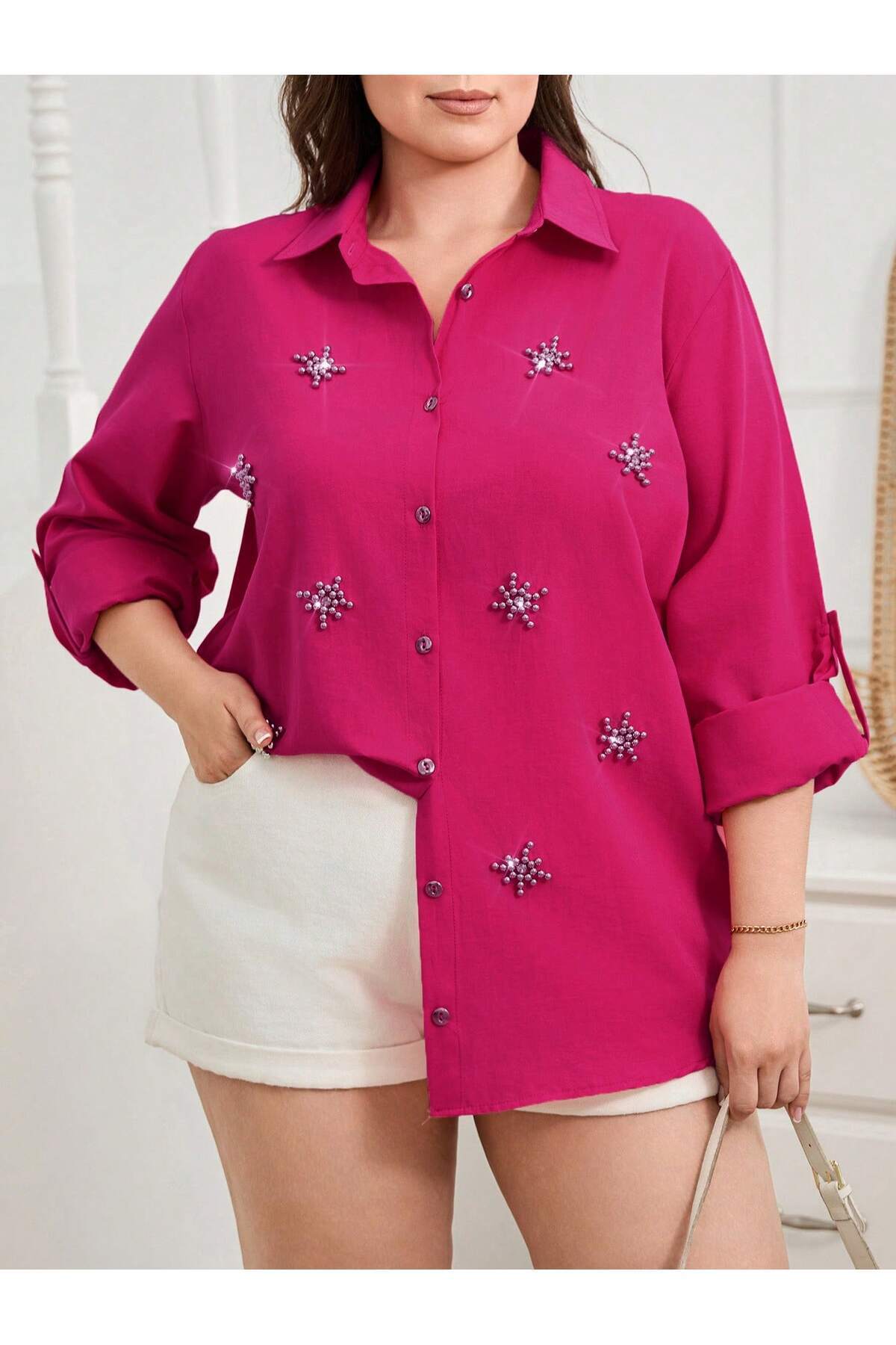 KADIN BUZ MAVİ TAŞ TASARIMLI BÜYÜK BEDEN GÖMLEK