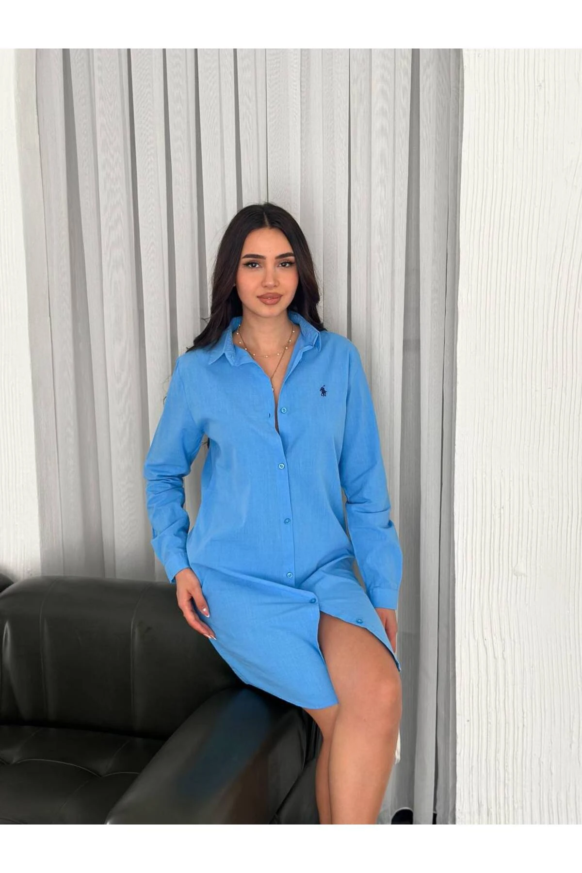 KADIN KETEN TUNİK & GÖMLEK ELBİSE NAKIŞ DETAYLI %100 PAMUK KUMAŞ - Mavi