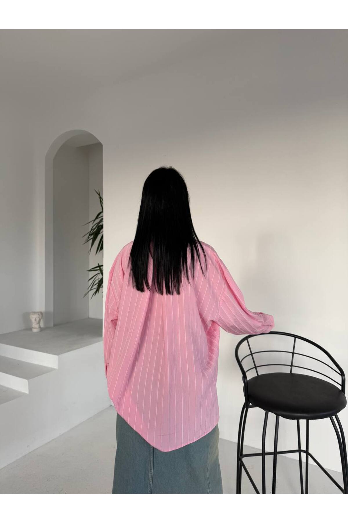 Kadın Modal Çizgili Oversize Gömlek 75 Cm