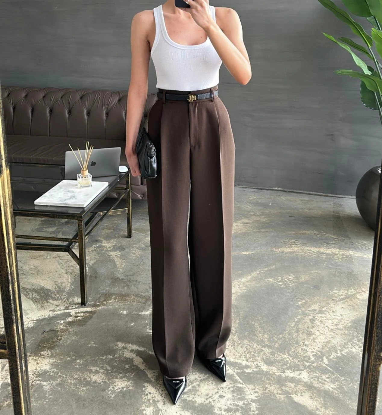 Kadın Double Kumaş Geniş Paça Pantolon  - Kahverengi