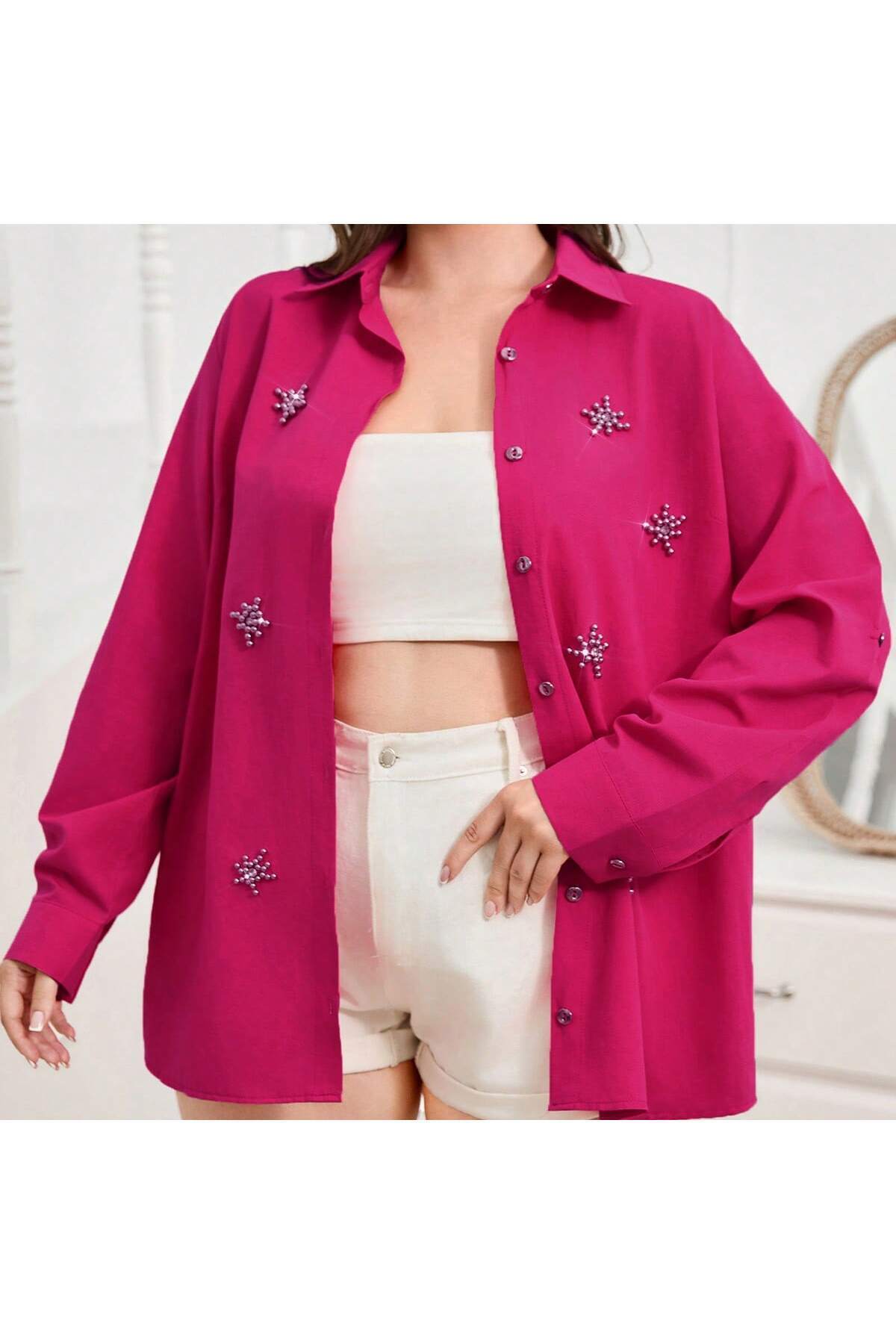 KADIN BUZ MAVİ TAŞ TASARIMLI BÜYÜK BEDEN GÖMLEK