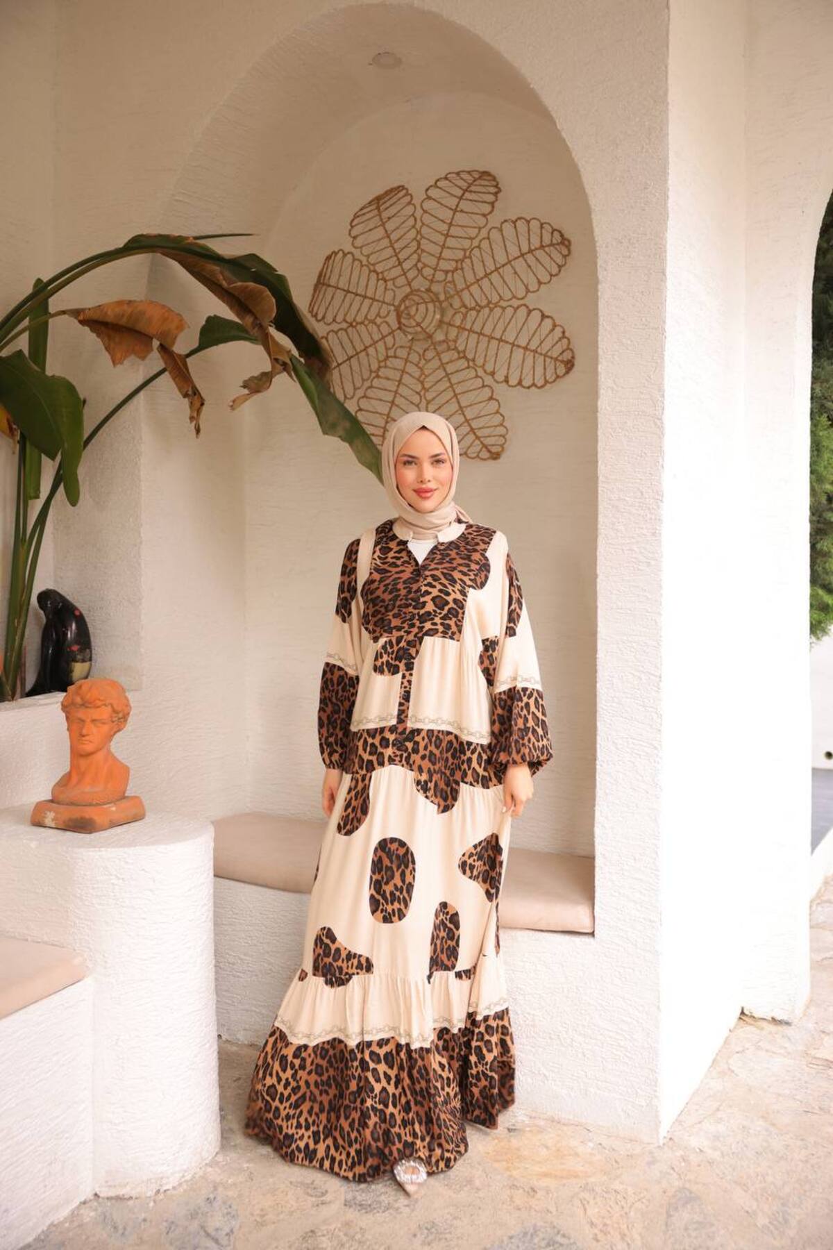 Leopar Desenli Viskon Kadın Elbise 135 cm Uzun Elbise