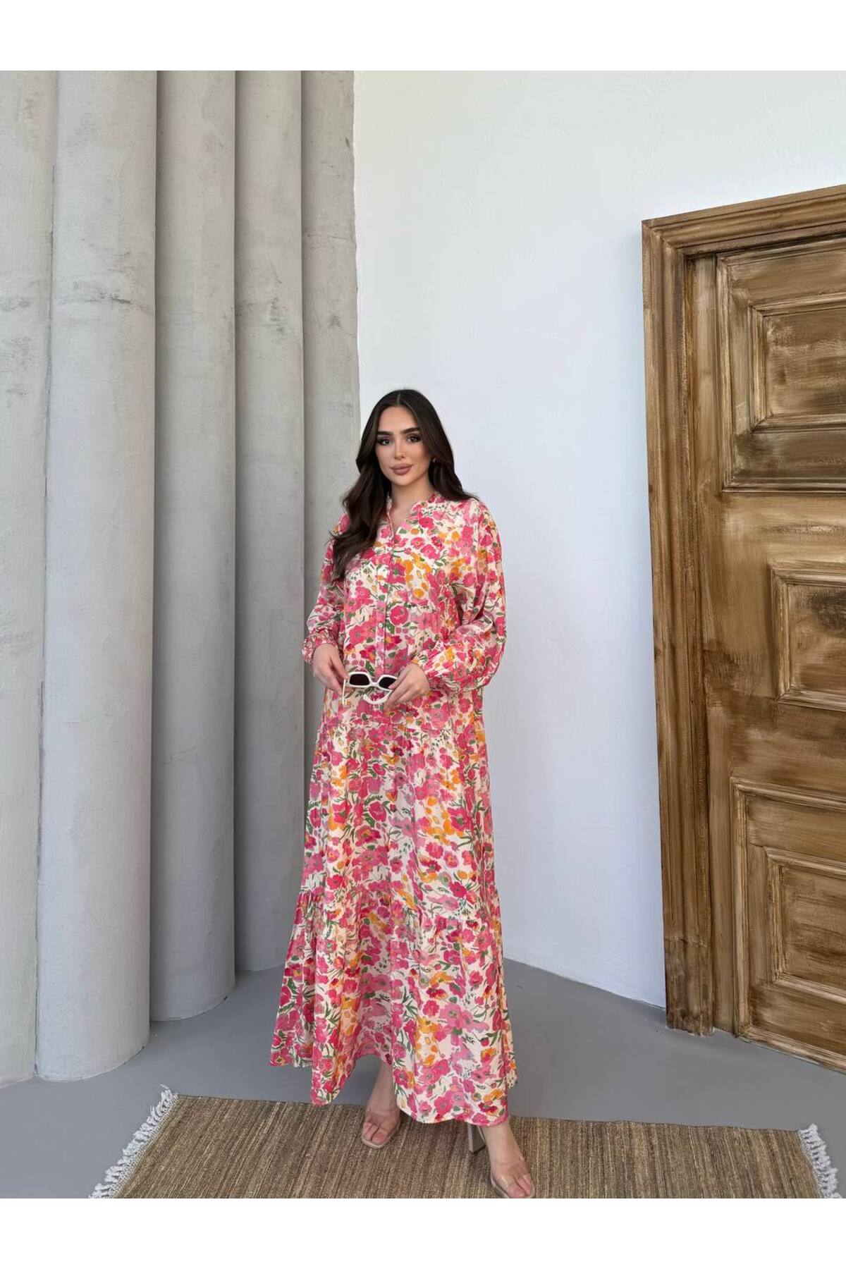 Kadın Tesettür Elbise Modal Kumaş Çiçek Desenli Elbise - Pembe