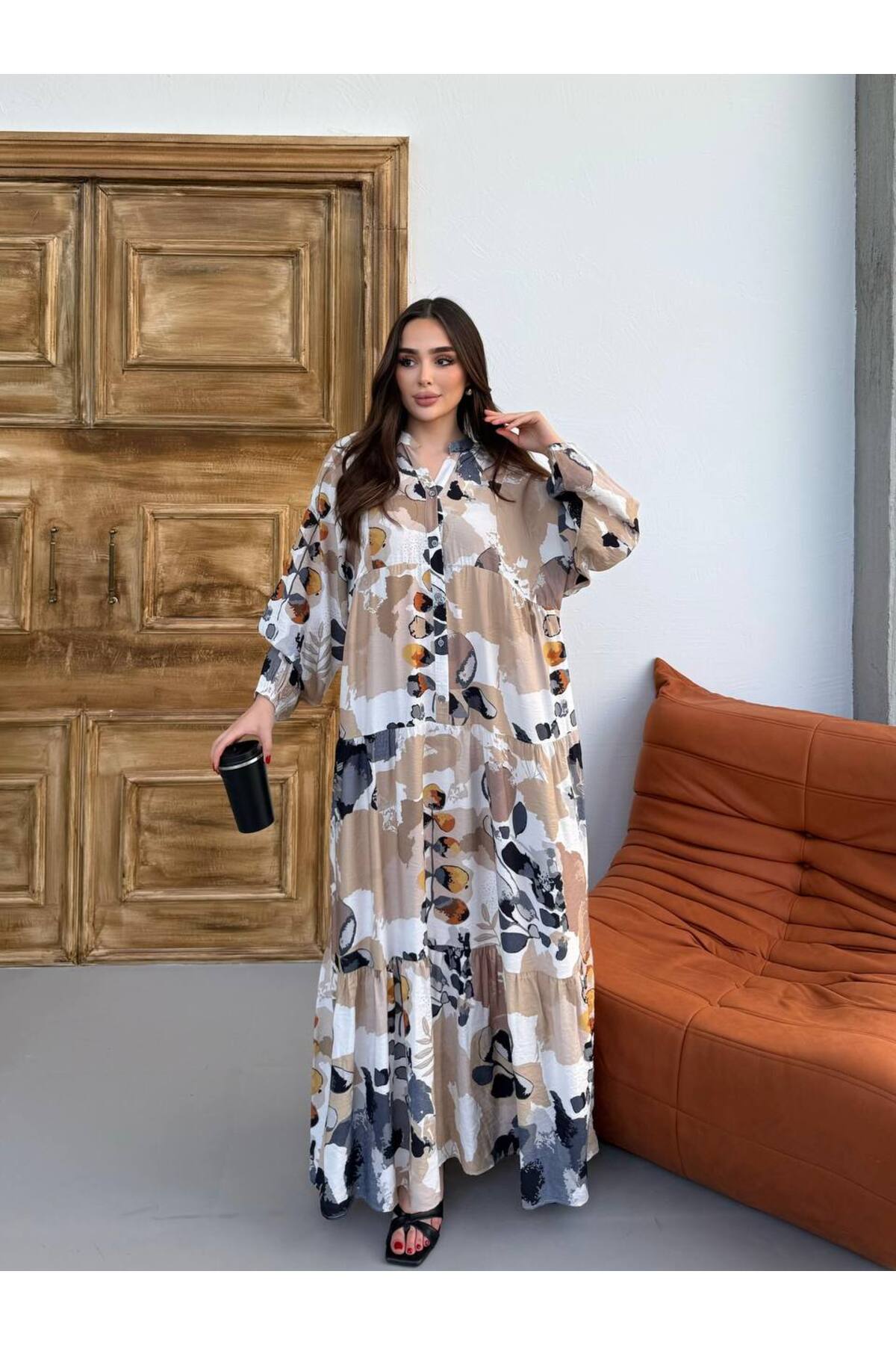 Kadın Tesettür Elbise Modal Kumaş Desenli Elbise - Bej