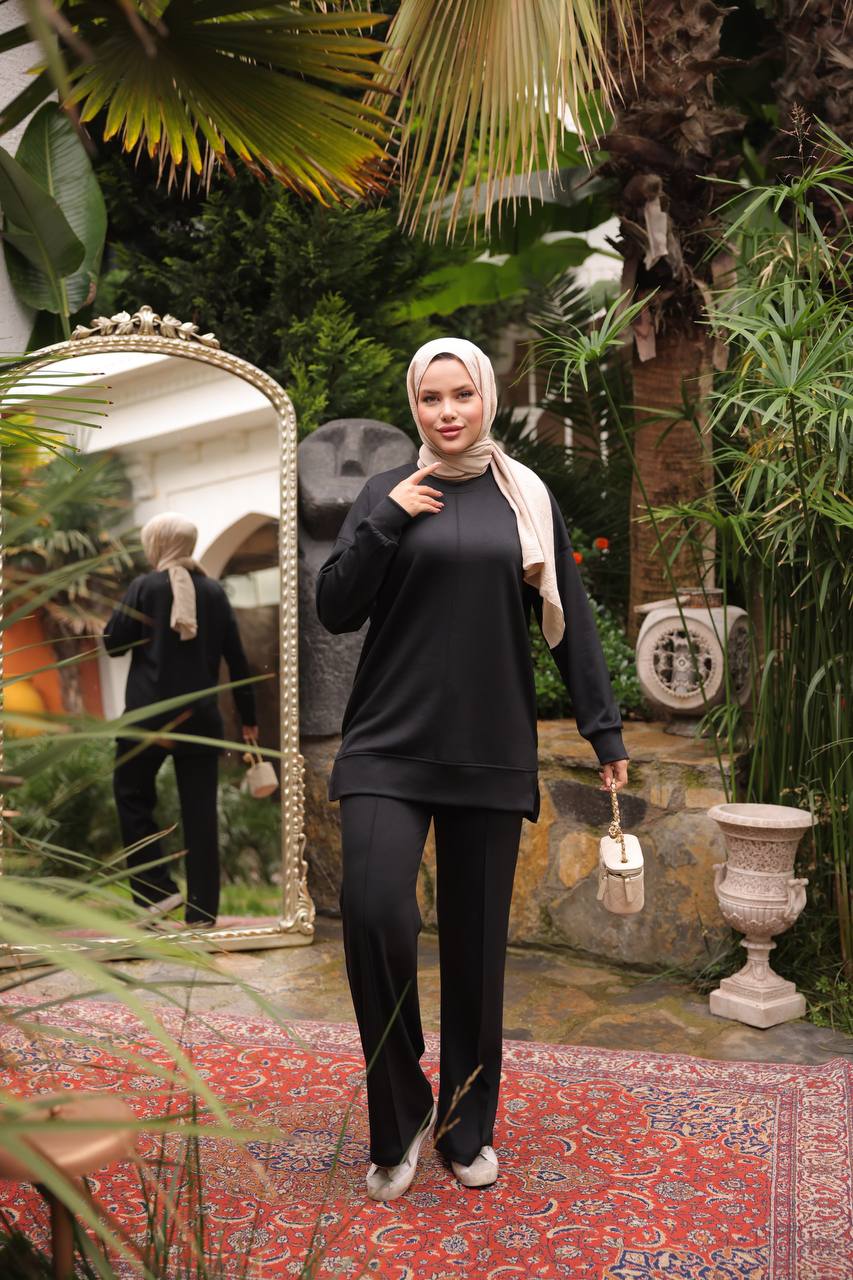 Kadın Oysho Kumaş 2'li Takım Tunik-Pantolon - Siyah