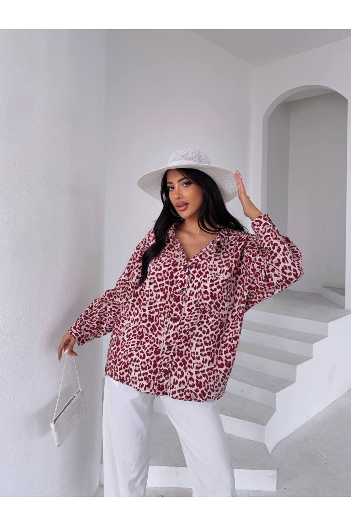 Leopar Desen Oversize Kadın Cep Detaylı Gömlek (Viskon Kumaş) - Bordo