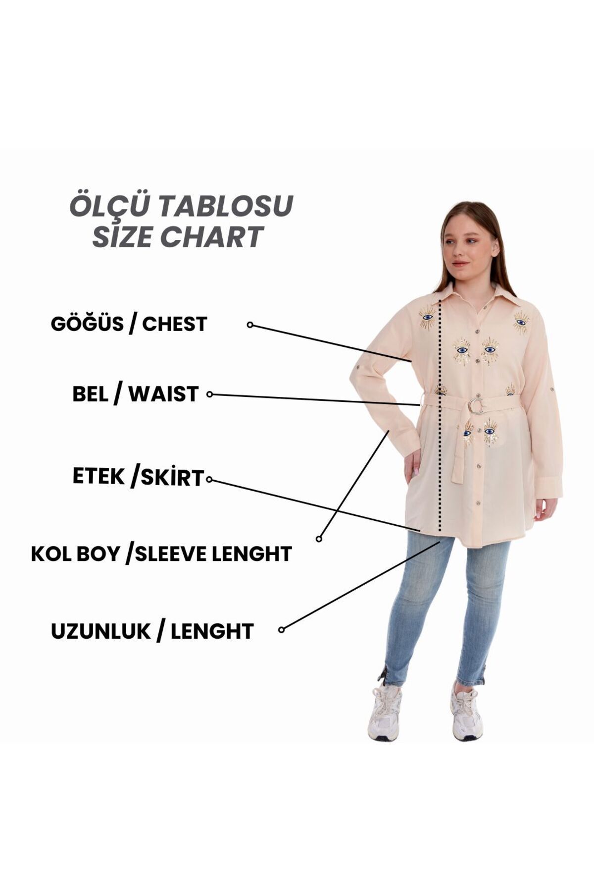 KADIN BEJ RENK MAVİ NAZAR BONCUK NAKIŞLI  GÖMLEK ELBİSE TUNİK