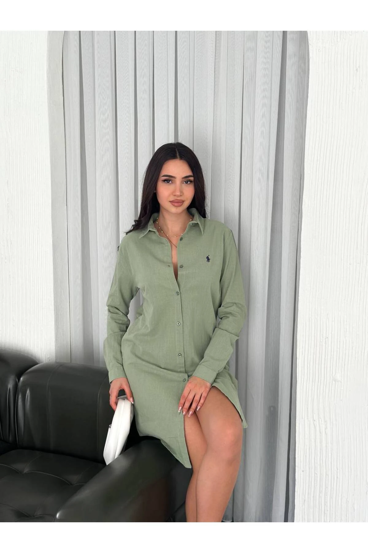 KADIN KETEN TUNİK & GÖMLEK ELBİSE NAKIŞ DETAYLI %100 PAMUK KUMAŞ - Mint Yeşil