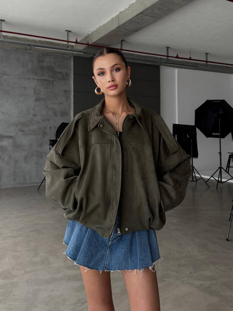 Süet Ceket Apoletli Astarlı JS25100 (Suni Süet) - Haki