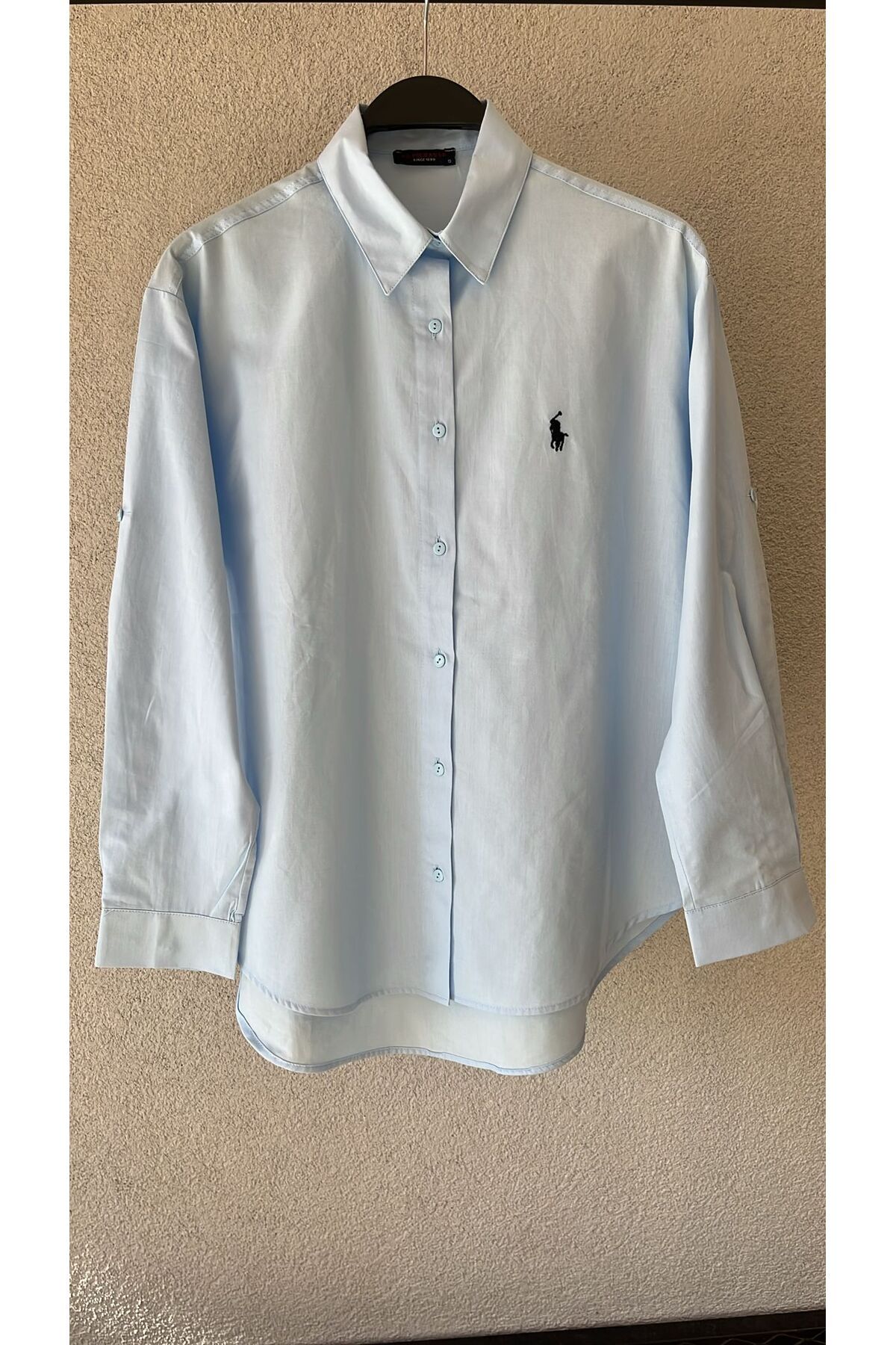 KADIN POPLİN NAKIŞ DETAYLI GÖMLEK 75 CM (%100 PAMUK) - Buz Mavi