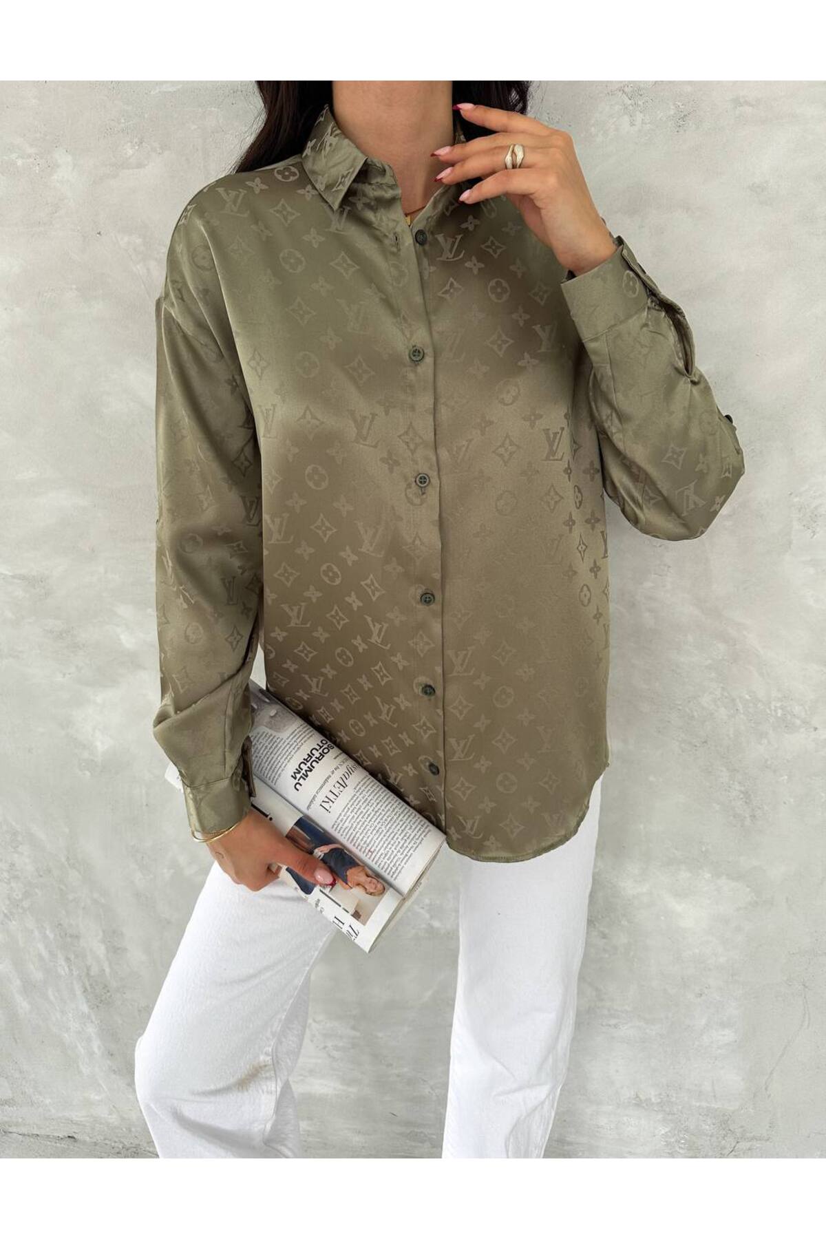 Saten Kendinden Desenli Kadın Gömlek - Mint Yeşil