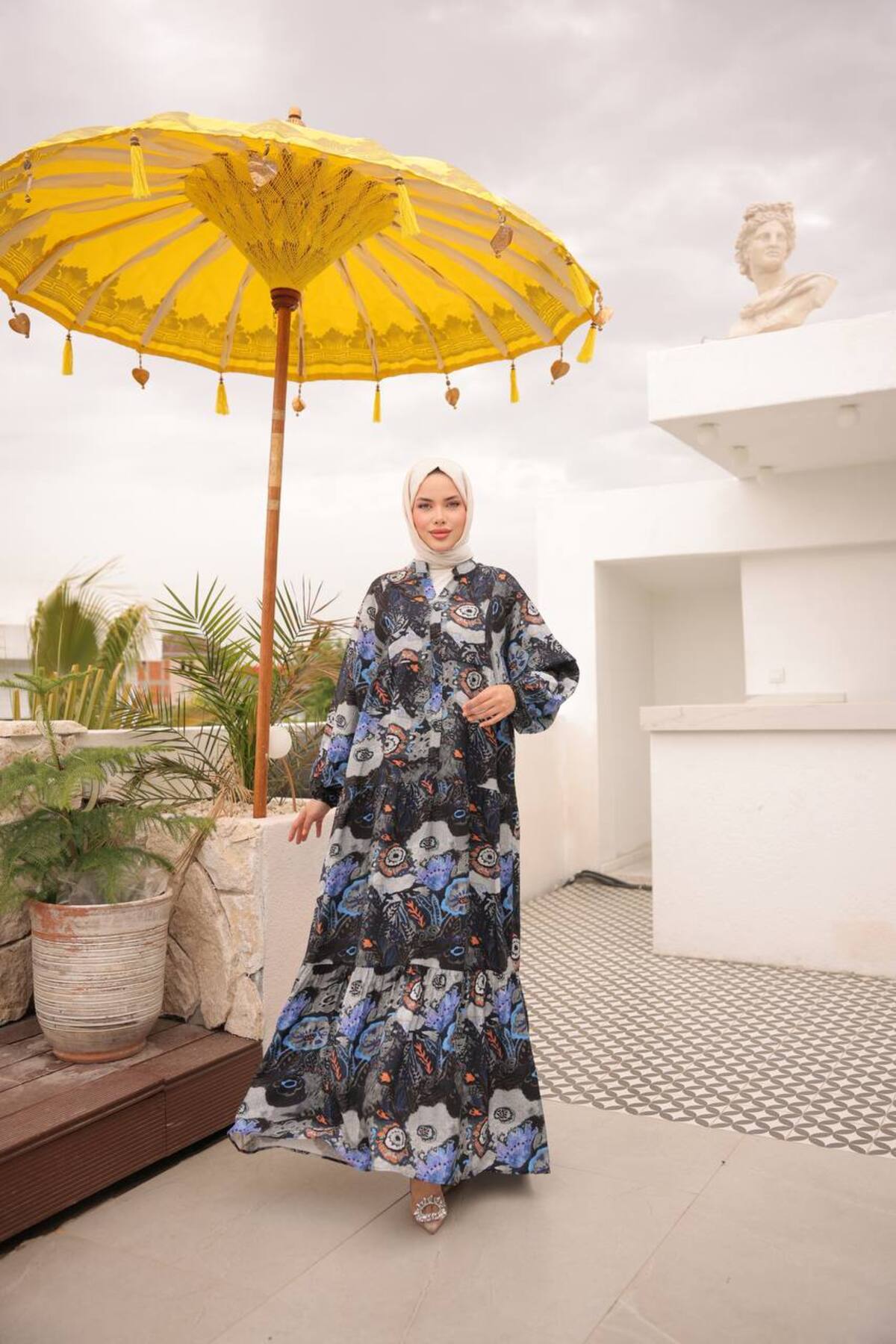 Kadın Tesettür Elbise Modal Kumaş Etnik Desenli Elbise - Mavi