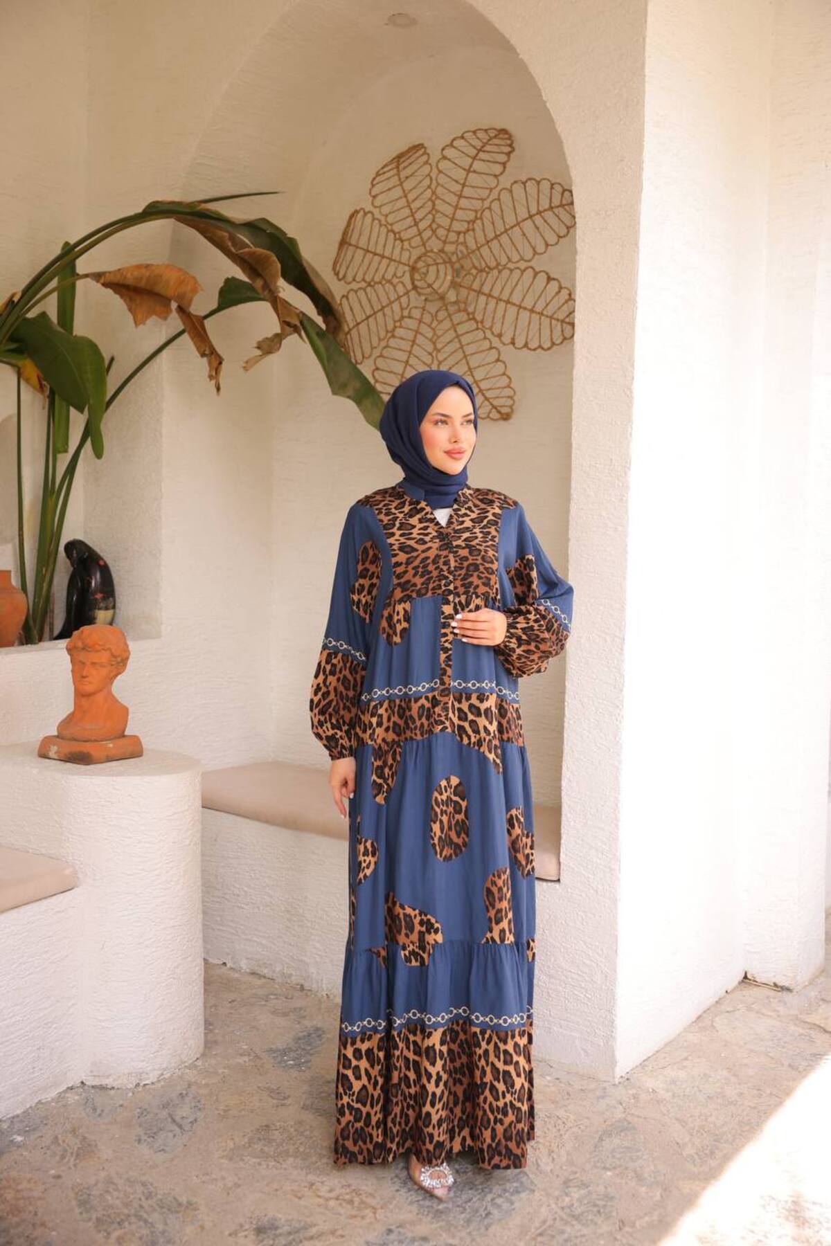 Leopar Desenli Viskon Kadın Elbise 135 cm Uzun Elbise - Mavi
