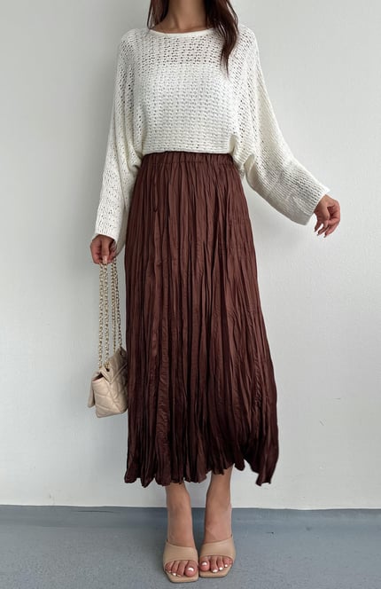 Kadın Bej Kraş Etek Kırışık Kumaş Maxi Etek - Kahverengi