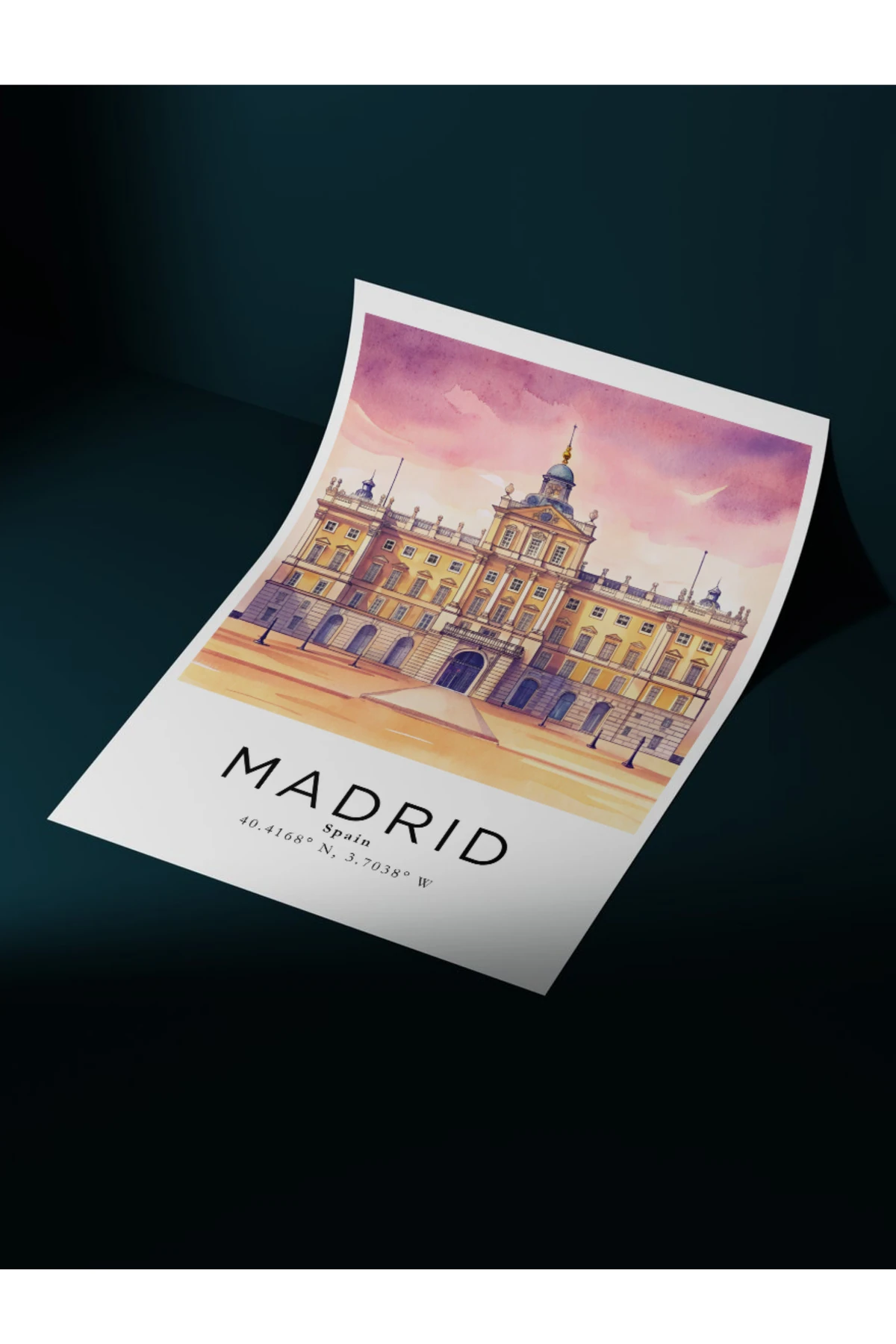 Madrid İspanya Sulu Boya Tasarım  Dekoratif Çerçevesiz Duvar Tablosu (POSTER) Şehir Serisi