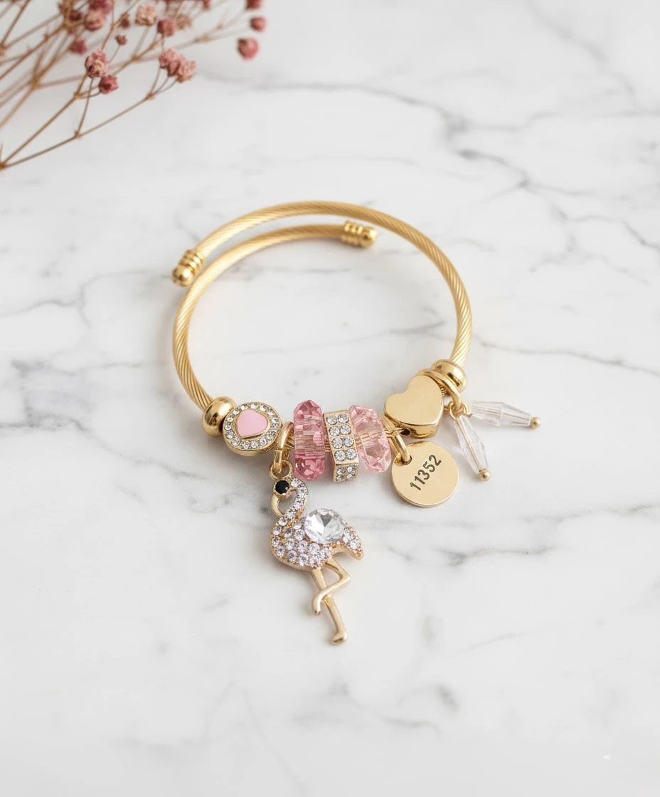 ÇELİK FLAMİNGO ZİRKON TAŞLI PEMBE CHARMLI BİLEKLİK PNDR-BLK-DK-P