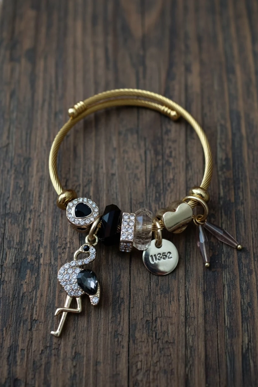 ÇELİK FLAMİNGO ZİRKON TAŞLI SİYAH CHARMLI BİLEKLİK PNDR-BLK-DK-S