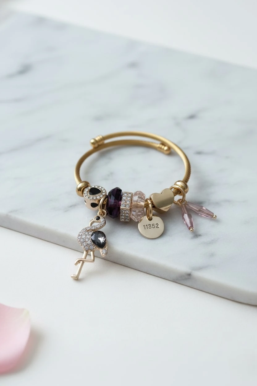 ÇELİK FLAMİNGO ZİRKON TAŞLI SİYAH CHARMLI BİLEKLİK PNDR-BLK-DK-S