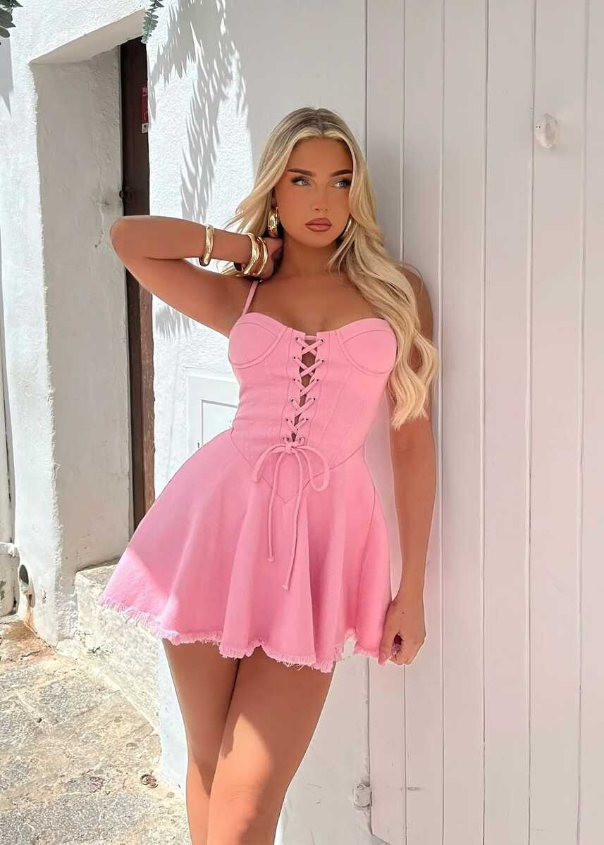 KUŞ GÖZLÜ KOT ELBİSE PEMBE